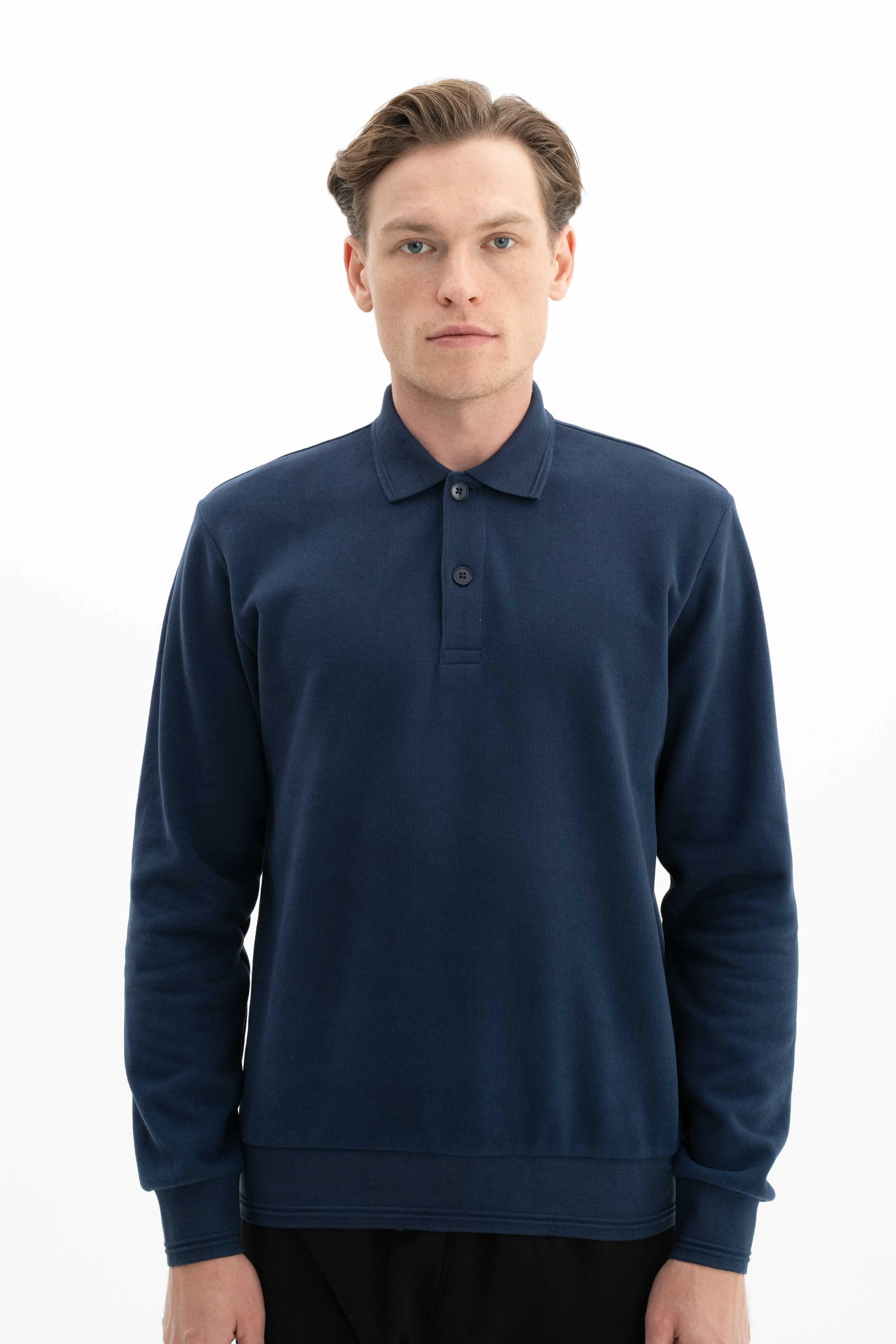 Ar-ma Erkek Polo Yaka Sweatshirt Basic Baskisiz Cepsiz Örme Kumaş Regular Fit %65 Pamuk %35 Polyester 30/2 Karbon Firçali Selanik K26564699901 - İndigo-İ1