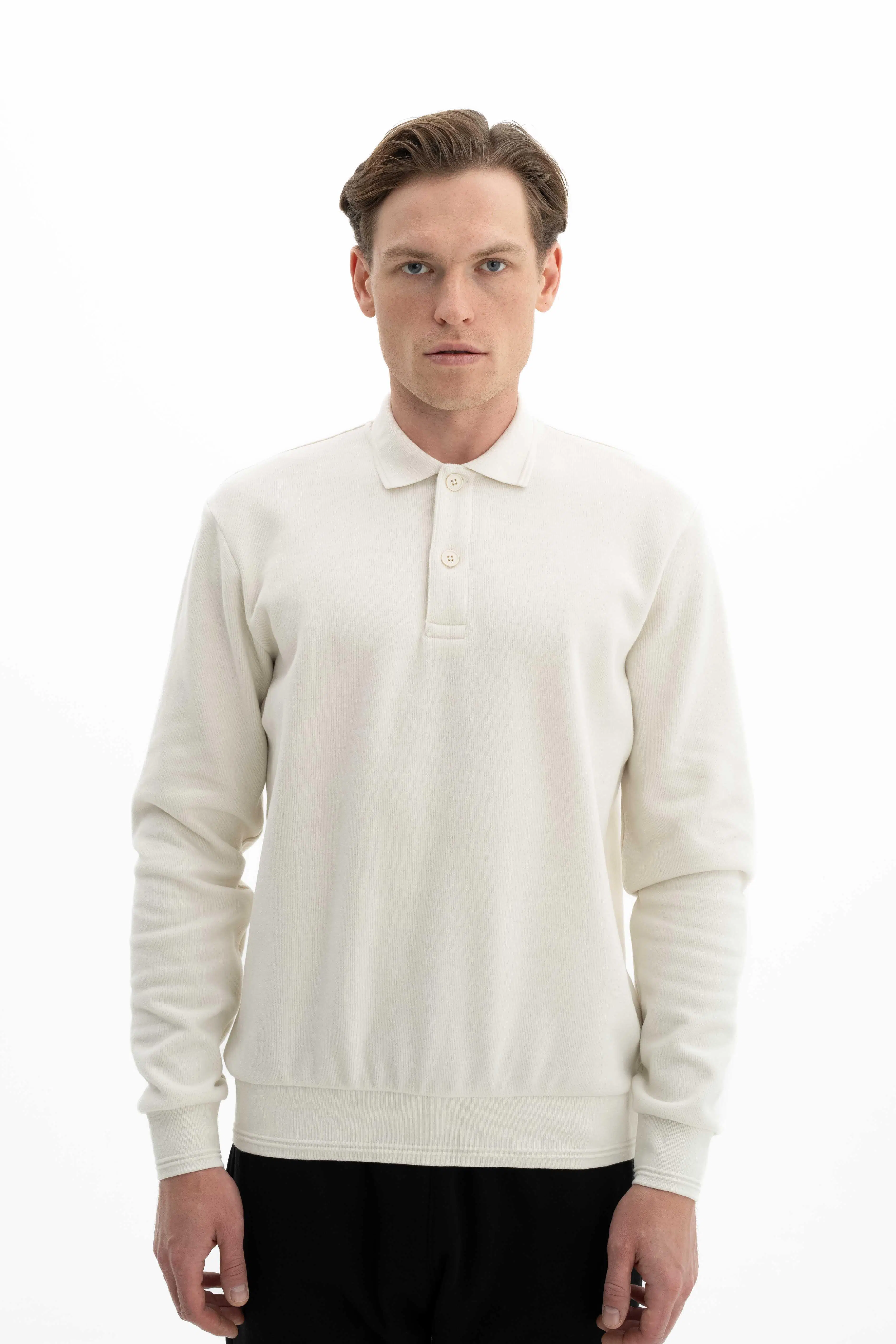 Ar-ma Erkek Polo Yaka Sweatshirt Basic Baskisiz Cepsiz Örme Kumaş Regular Fit %65 Pamuk %35 Polyester 30/2 Karbon Firçali Selanik K26564699901 - Ekru-E1