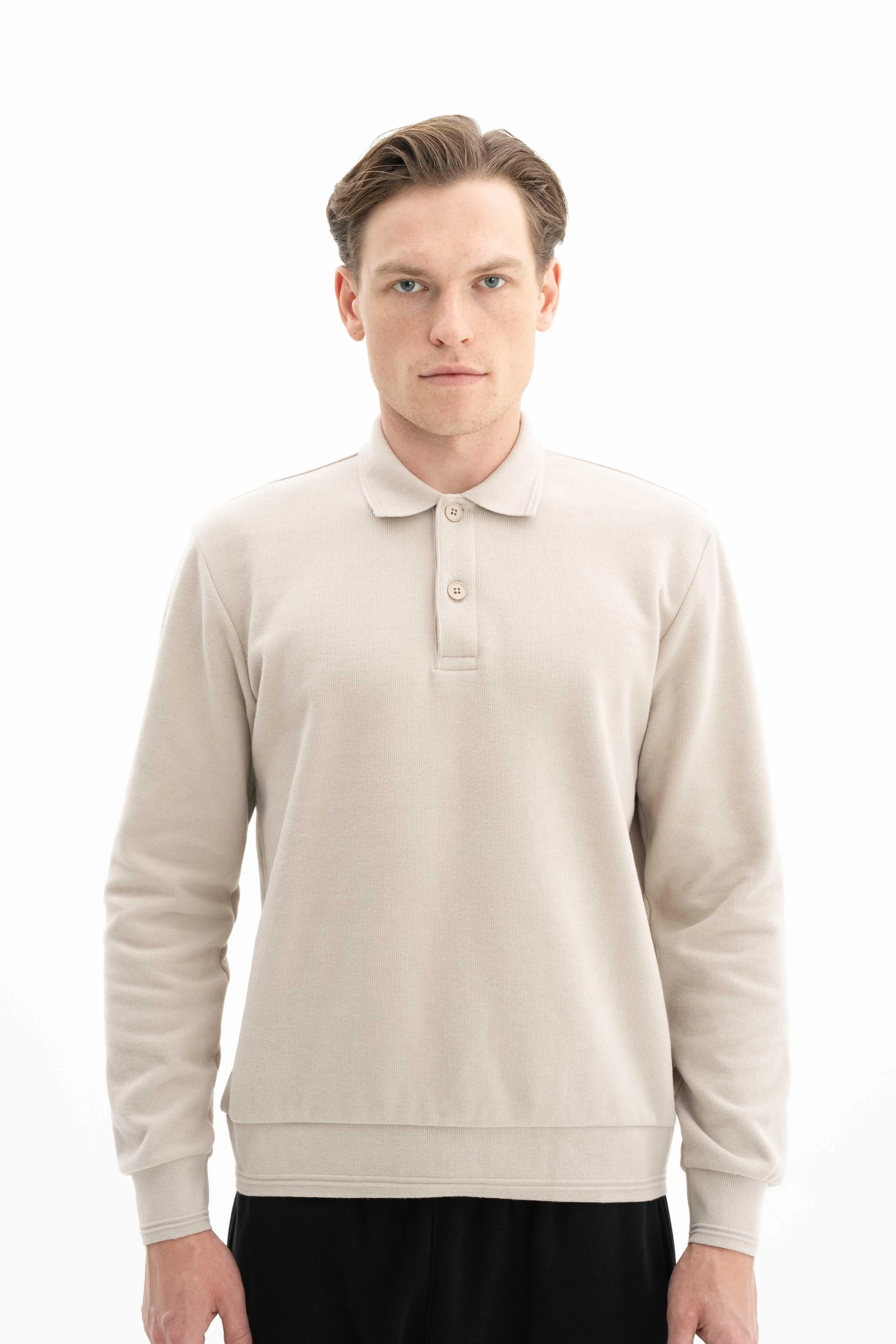 Ar-ma Erkek Polo Yaka Sweatshirt Basic Baskisiz Cepsiz Örme Kumaş Regular Fit %65 Pamuk %35 Polyester 30/2 Karbon Firçali Selanik K26564699901 - Bej-B2