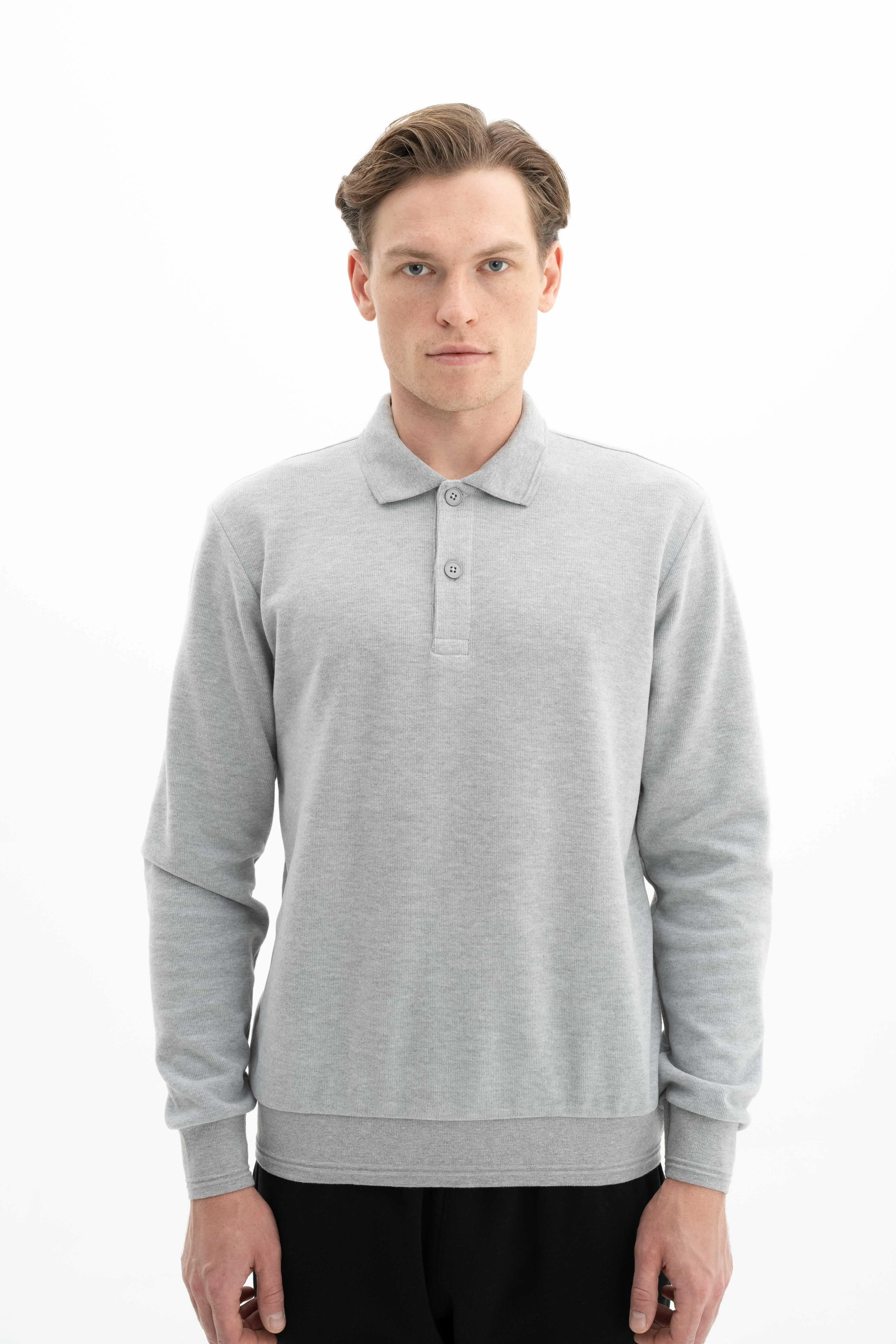 Ar-ma Erkek Polo Yaka Sweatshirt Basic Baskisiz Cepsiz Örme Kumaş Regular Fit %65 Pamuk %35 Polyester 30/2 Karbon Firçali Selanik K26564699901 - Gri-G10