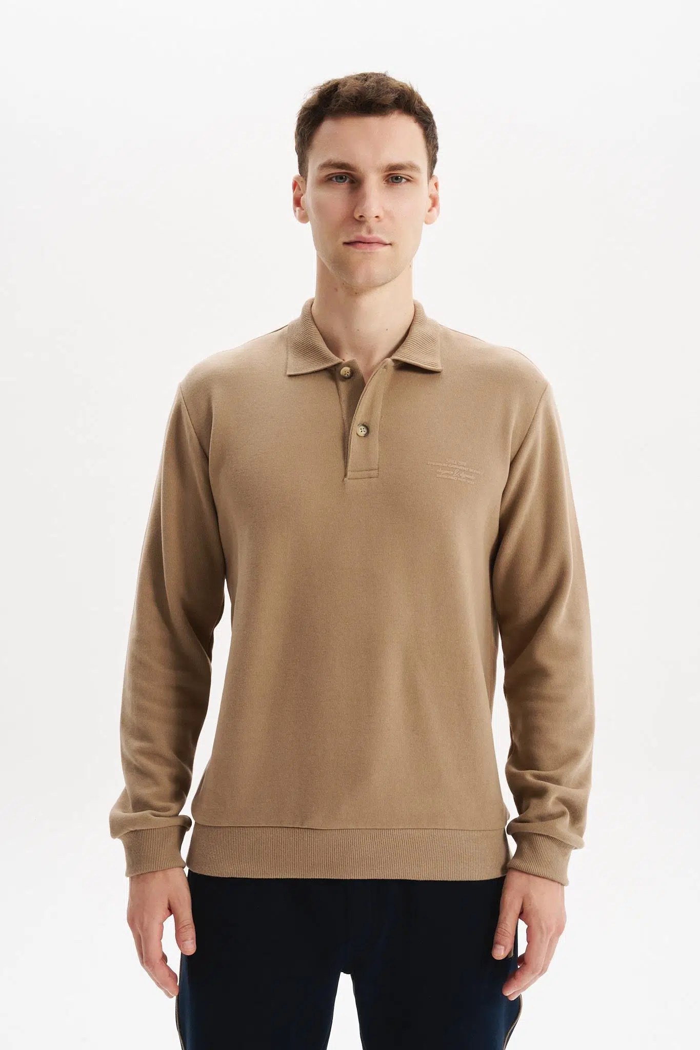 Ar-ma Erkek Polo Yaka Sweatshirt Basic Baskisiz Cepsiz Örme Kumaş Regular Fit %65 Pamuk %35 Polyester 30/2 Karbon Firçali Selanik K30564699102 - Gri-Bej G8