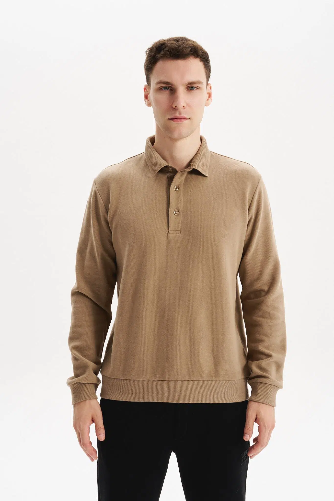 Ar-ma Erkek Polo Yaka Sweatshirt Basic Baskisiz Cepsiz Örme Kumaş Regular Fit %65 Pamuk %35 Polyester 30/2 Karbon Firçali Selanik K30564699202 - Gri-Bej G8