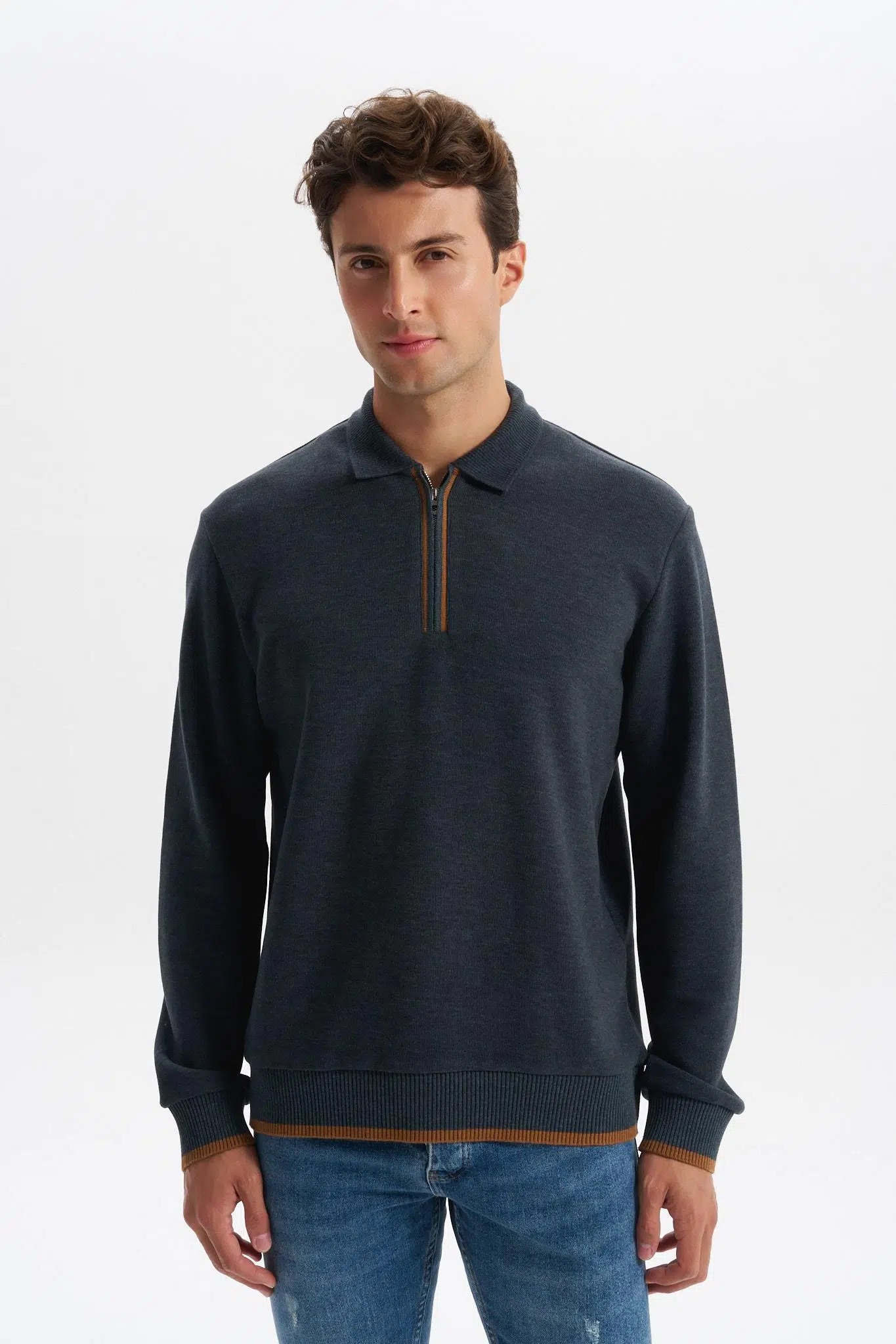 Ar-ma Erkek Polo Yaka Sweatshirt Baskisiz Basic Yaka Fermuarli Örme Kumaş Regular Fit %65 Pamuk %35 Polyester 30/2 Karbon Firçali Selanik K30554697902 - Gri-G3
