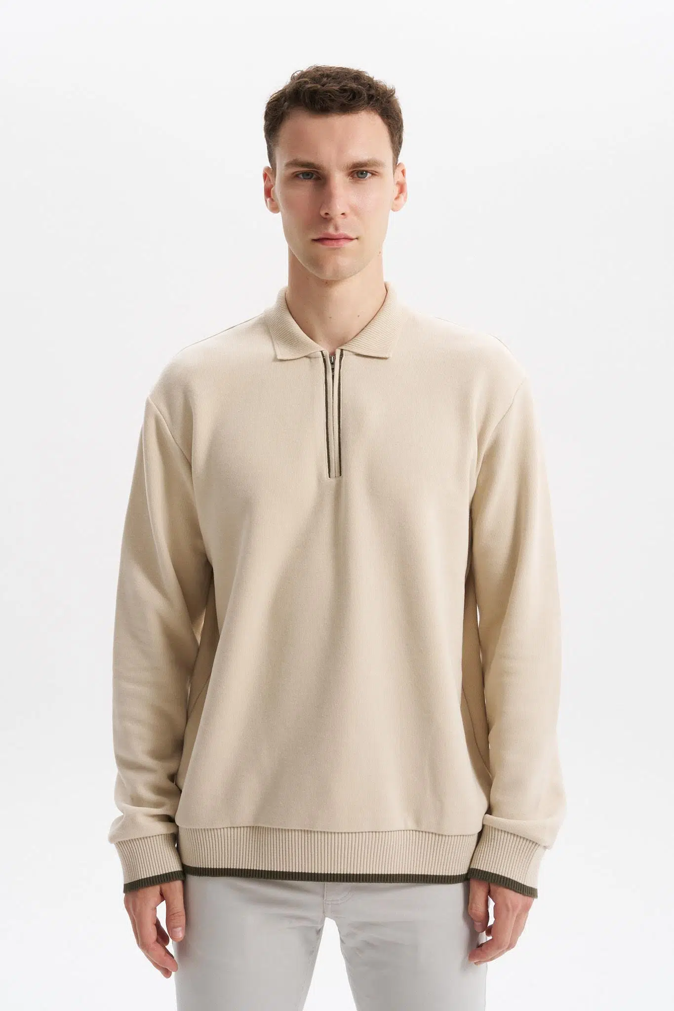 Ar-ma Erkek Polo Yaka Sweatshirt Baskisiz Basic Yaka Fermuarli Örme Kumaş Regular Fit %65 Pamuk %35 Polyester 30/2 Karbon Firçali Selanik K30554697902 - Bej-B1