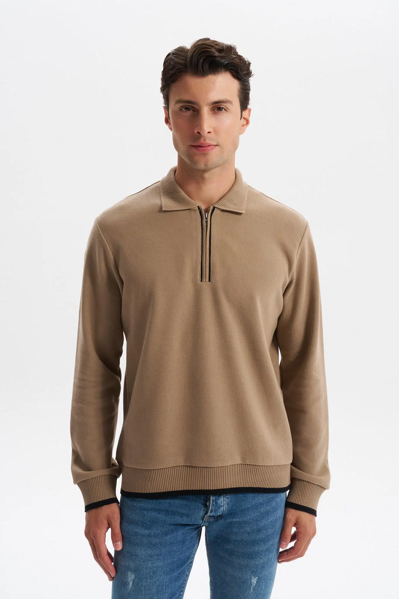 Ar-ma Erkek Polo Yaka Sweatshirt Baskisiz Basic Yaka Fermuarli Örme Kumaş Regular Fit %65 Pamuk %35 Polyester 30/2 Karbon Firçali Selanik K30554697902 - Gri-Bej G8
