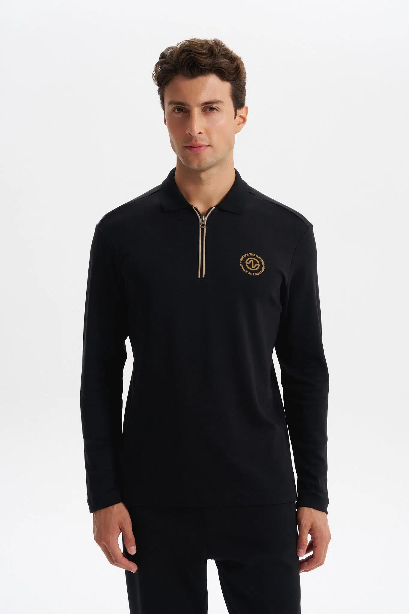 Ar-ma Erkek Polo Yaka Sweatshirt Baskisiz Basic Yaka Fermuarli Örme Kumaş Slim Fit %46,5 Modal %46,5 Pamuk %7 Elastan Çift Tarafli İnterlok K30554989102 - Siyah-S1