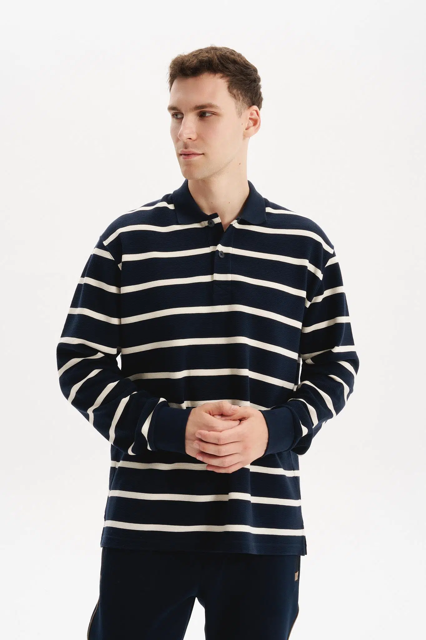 Ar-ma Erkek Polo Yaka Sweatshirt Baskisiz Çizgili Düğmeli Cepsiz Örme Kumaş Büyük Beden %100 Pamuk Ringel Otoman K30554801602 - Lacivert-L1