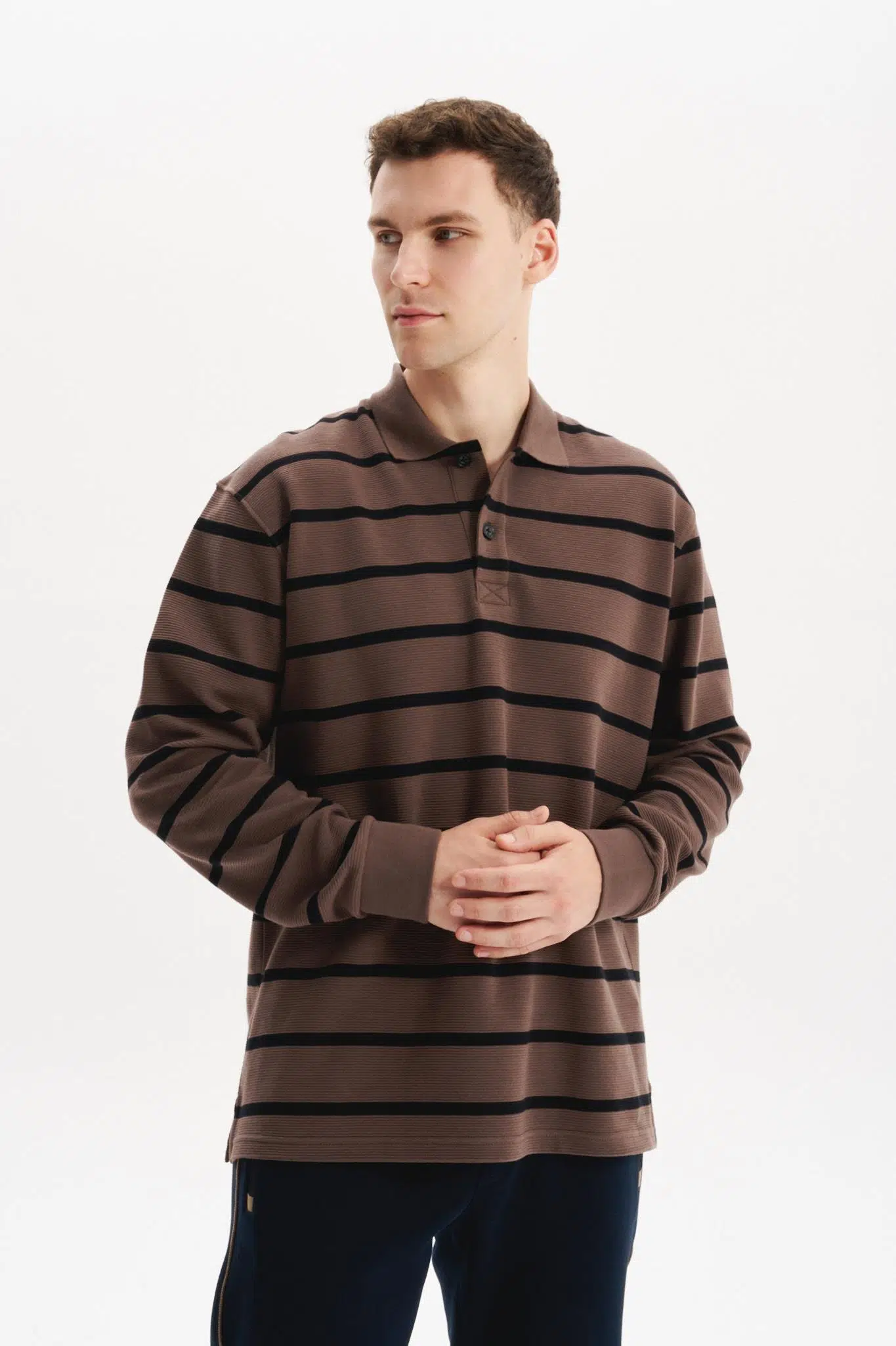 Ar-ma Erkek Polo Yaka Sweatshirt Baskisiz Çizgili Düğmeli Cepsiz Örme Kumaş Büyük Beden %100 Pamuk Ringel Otoman K30554801602 - Kahverengi-K1