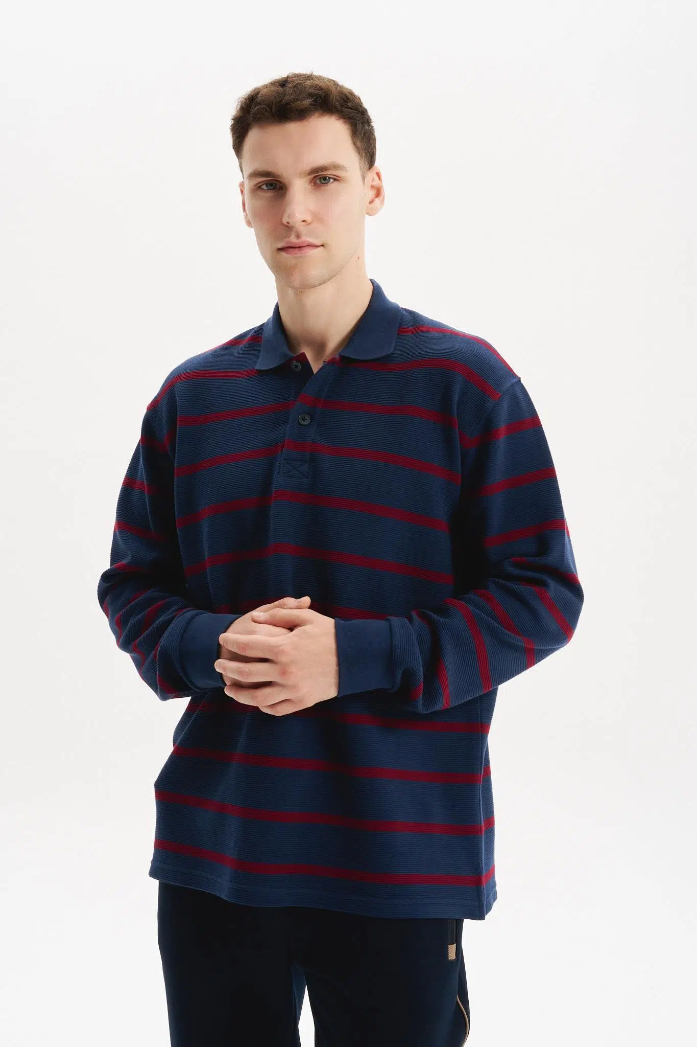 Ar-ma Erkek Polo Yaka Sweatshirt Baskisiz Çizgili Düğmeli Cepsiz Örme Kumaş Büyük Beden %100 Pamuk Ringel Otoman K30554801602 - İndigo-İ1