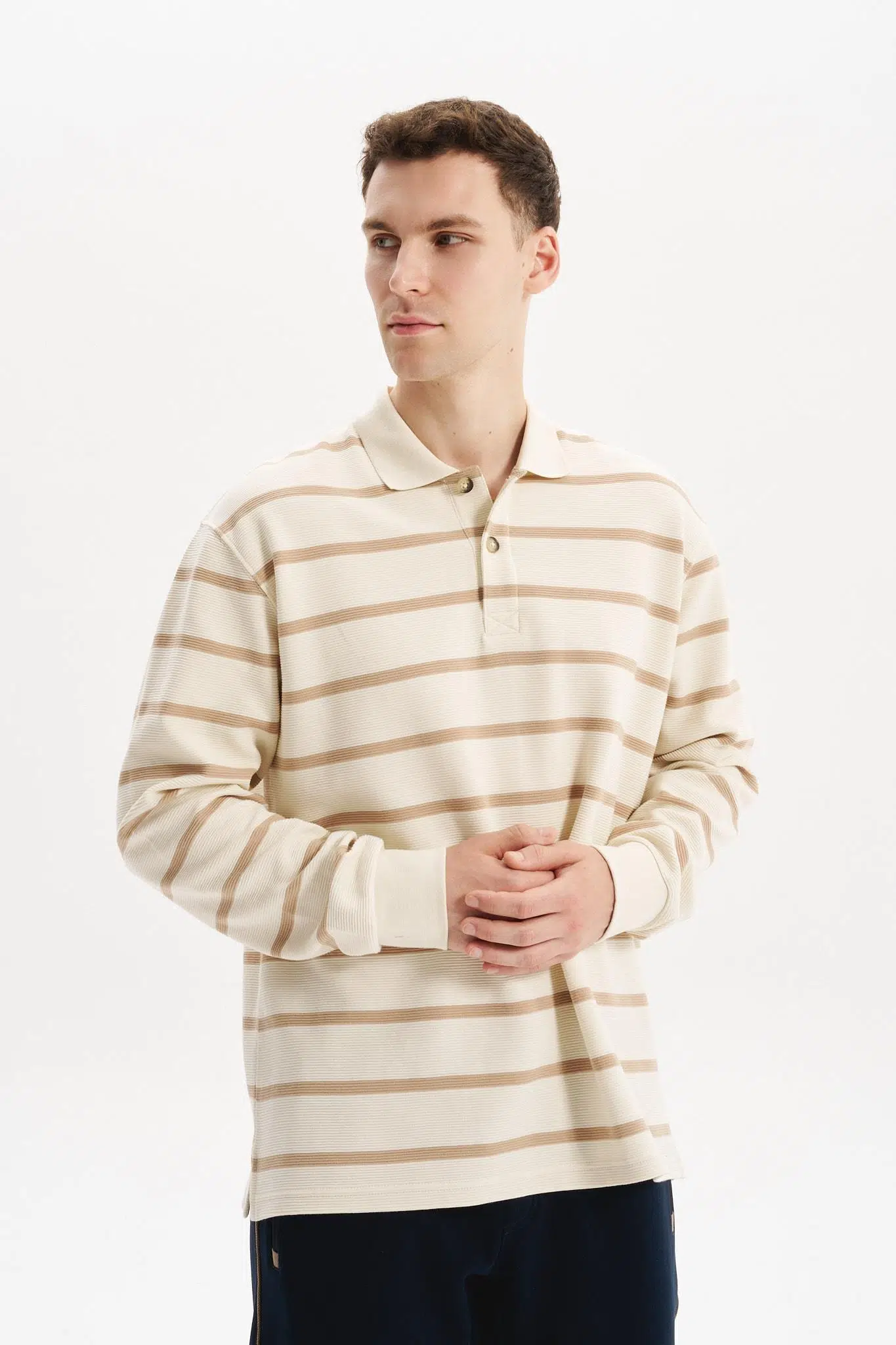 Ar-ma Erkek Polo Yaka Sweatshirt Baskisiz Çizgili Düğmeli Cepsiz Örme Kumaş Büyük Beden %100 Pamuk Ringel Otoman K30554801602 - Ekru-E1