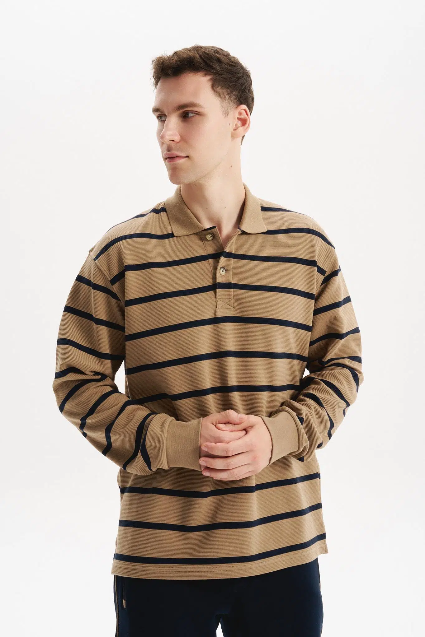 Ar-ma Erkek Polo Yaka Sweatshirt Baskisiz Çizgili Düğmeli Cepsiz Örme Kumaş Büyük Beden %100 Pamuk Ringel Otoman K30554801602 - Gri-Bej G8