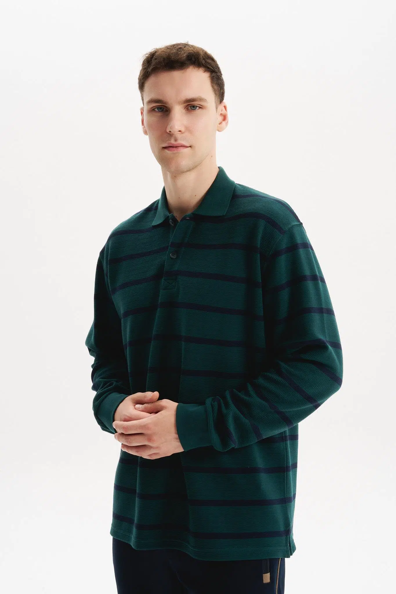 Ar-ma Erkek Polo Yaka Sweatshirt Baskisiz Çizgili Düğmeli Cepsiz Örme Kumaş Büyük Beden %100 Pamuk Ringel Otoman K30554801602 - Yeşil-Y10