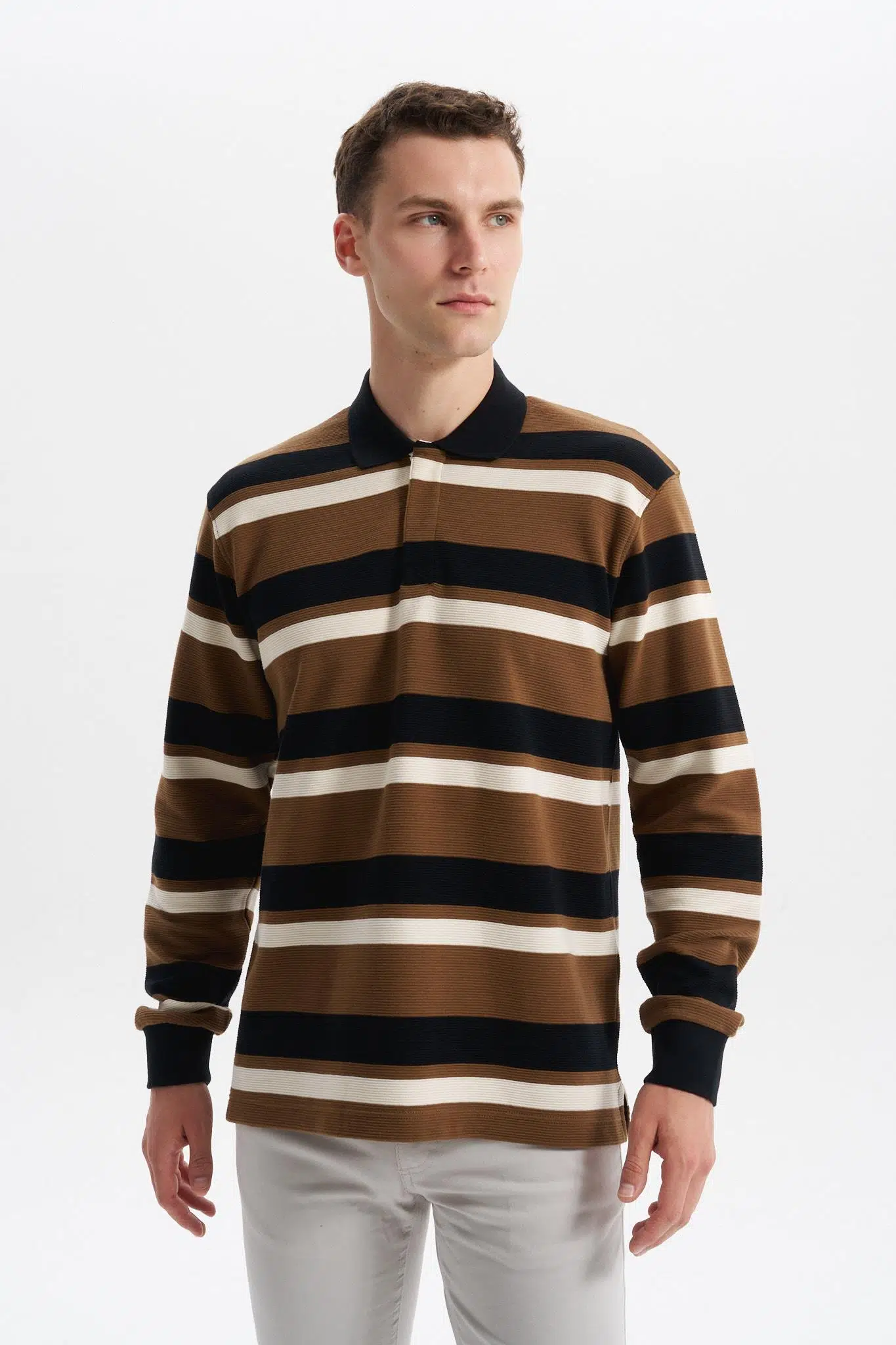 Ar-ma Erkek Polo Yaka Sweatshirt Baskisiz Çizgili Düğmeli Cepsiz Örme Kumaş Büyük Beden %100 Pamuk Ringel Otoman K30554801702 - Siyah-S1