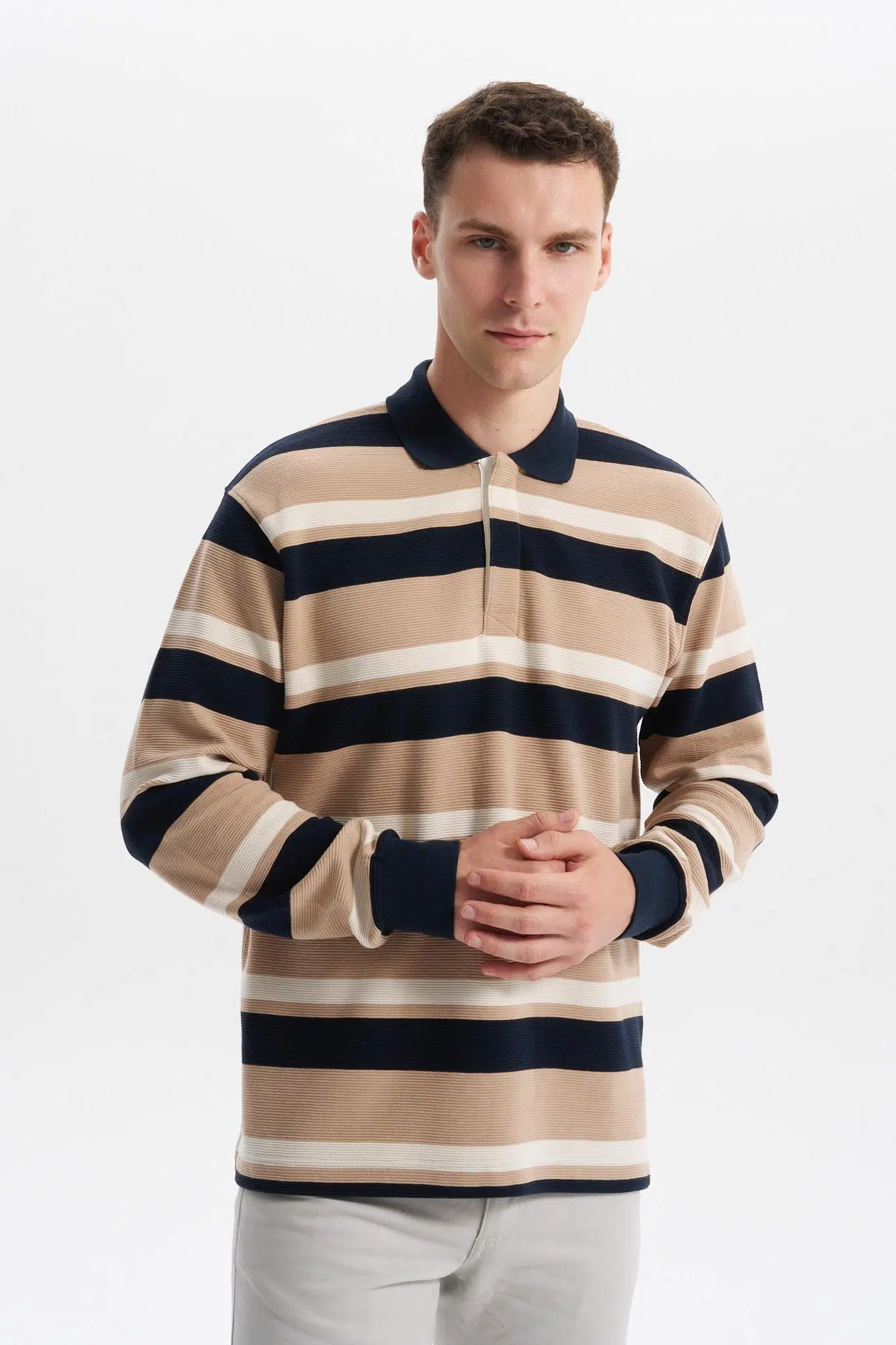 Ar-ma Erkek Polo Yaka Sweatshirt Baskisiz Çizgili Düğmeli Cepsiz Örme Kumaş Büyük Beden %100 Pamuk Ringel Otoman K30554801702 - Lacivert-L1