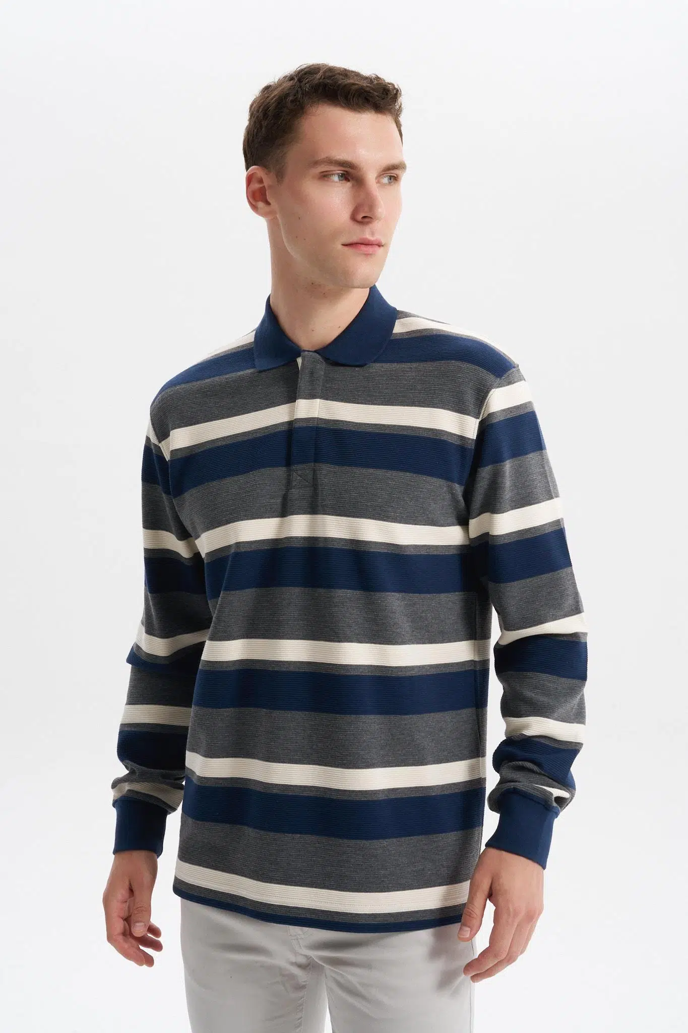 Ar-ma Erkek Polo Yaka Sweatshirt Baskisiz Çizgili Düğmeli Cepsiz Örme Kumaş Büyük Beden %100 Pamuk Ringel Otoman K30554801702 - İndigo-İ1