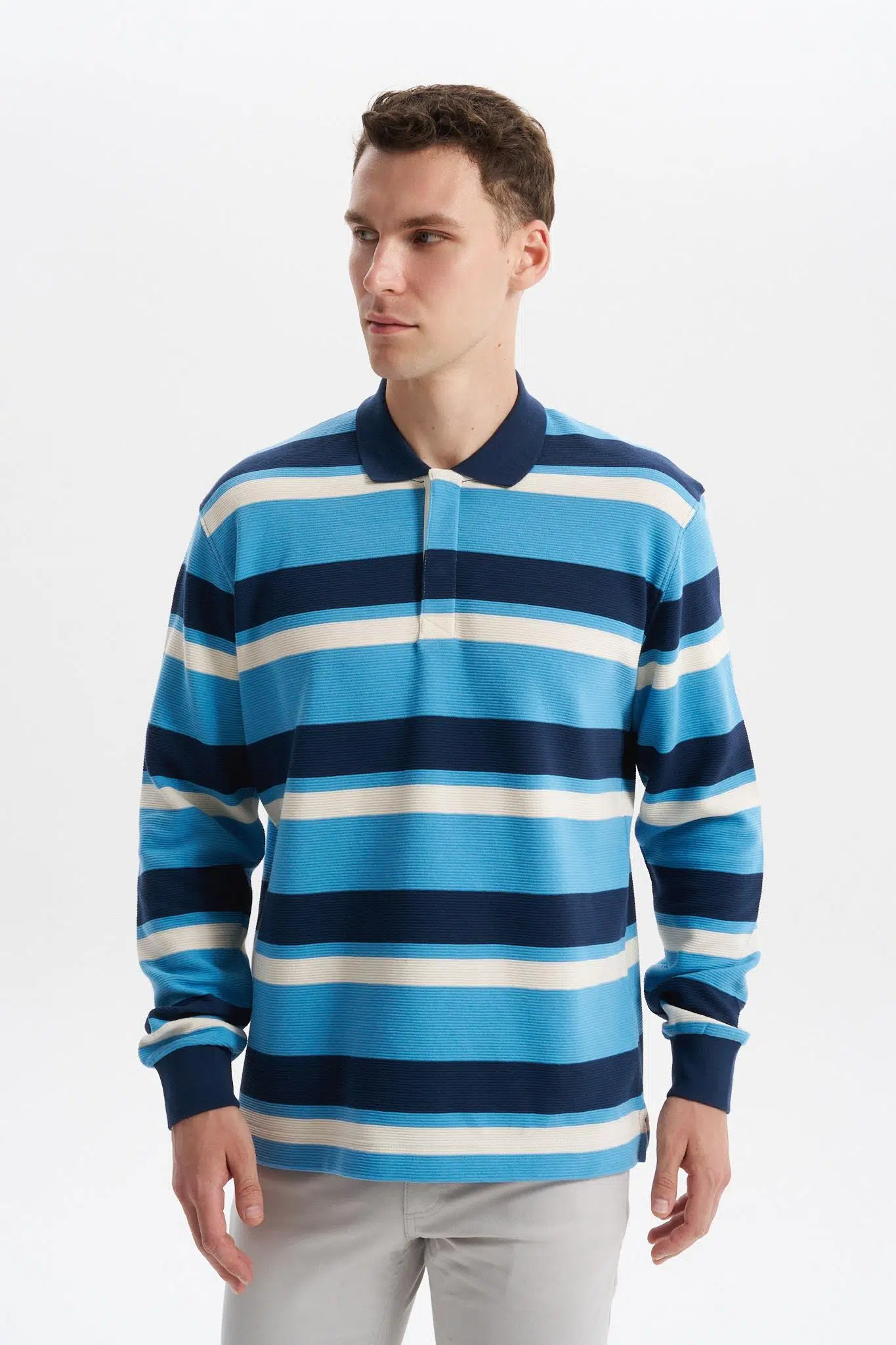 Ar-ma Erkek Polo Yaka Sweatshirt Baskisiz Çizgili Düğmeli Cepsiz Örme Kumaş Büyük Beden %100 Pamuk Ringel Otoman K30554801702 - Mavi-M2