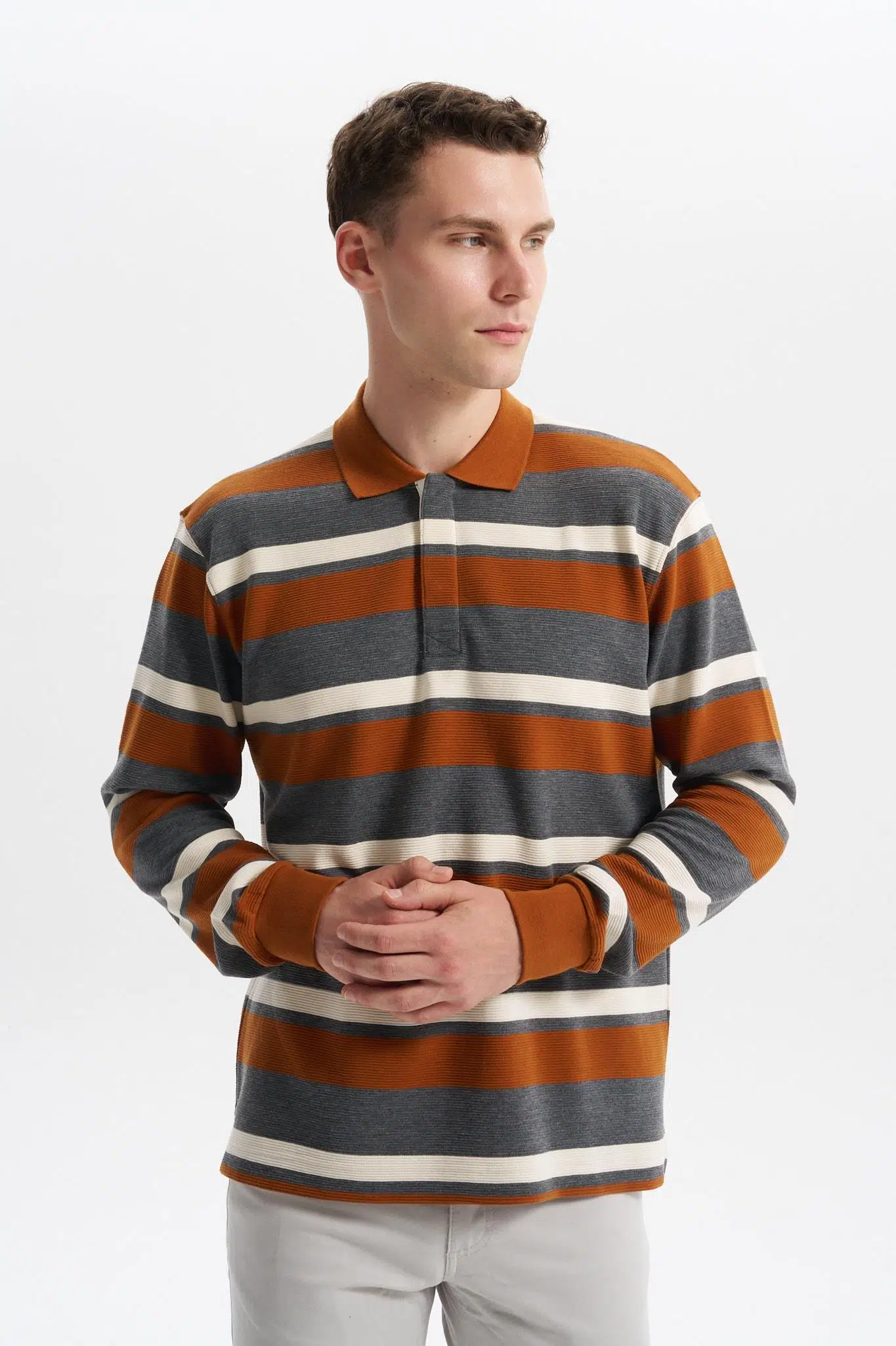 Ar-ma Erkek Polo Yaka Sweatshirt Baskisiz Çizgili Düğmeli Cepsiz Örme Kumaş Büyük Beden %100 Pamuk Ringel Otoman K30554801702 - Kahverengi-K3