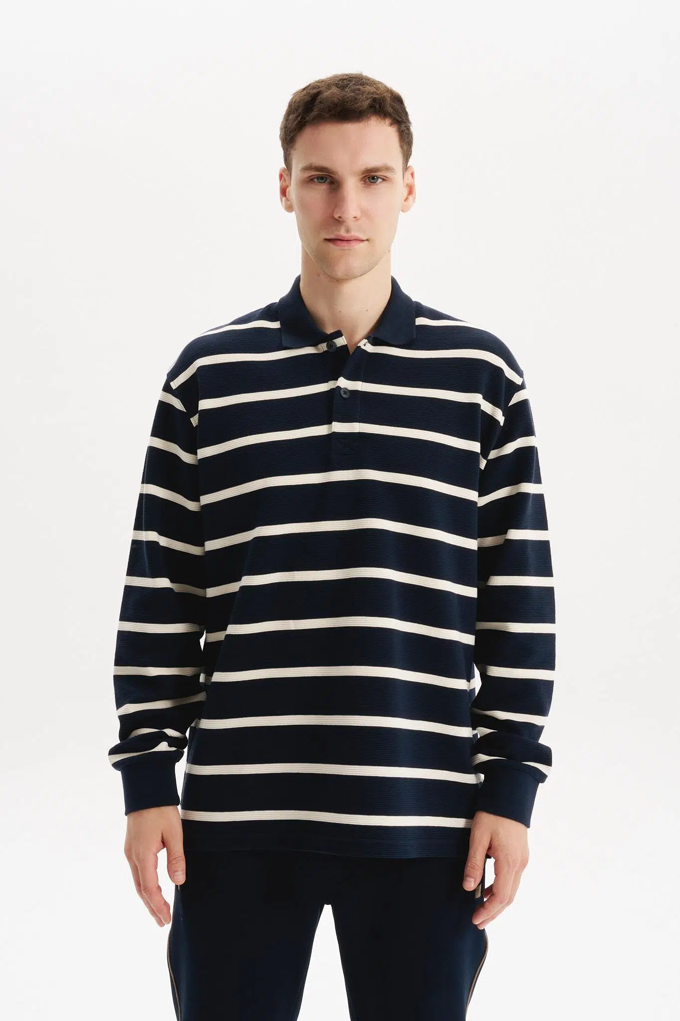 Ar-ma Erkek Polo Yaka Sweatshirt Baskisiz Çizgili Düğmeli Cepsiz Örme Kumaş Regular Fit %100 Pamuk Ringel Otoman K30554952502 - Lacivert-L1