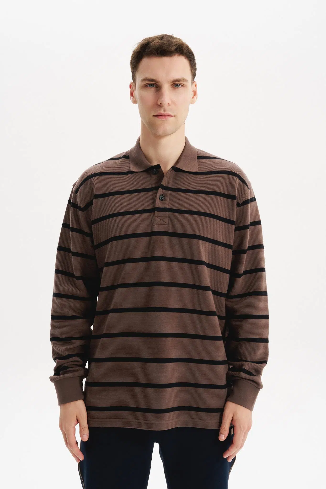 Ar-ma Erkek Polo Yaka Sweatshirt Baskisiz Çizgili Düğmeli Cepsiz Örme Kumaş Regular Fit %100 Pamuk Ringel Otoman K30554952502 - Kahverengi-K1