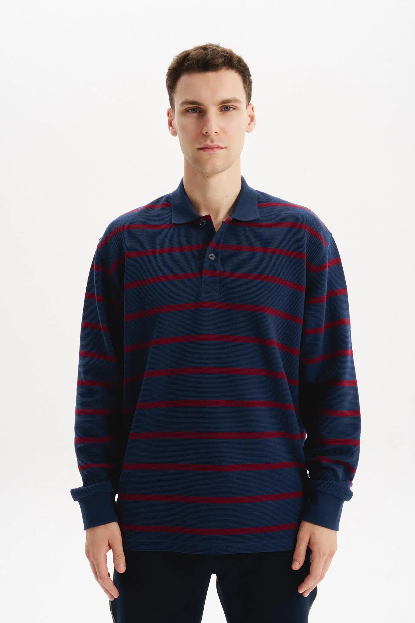 Ar-ma Erkek Polo Yaka Sweatshirt Baskisiz Çizgili Düğmeli Cepsiz Örme Kumaş Regular Fit %100 Pamuk Ringel Otoman K30554952502 - İndigo-İ1