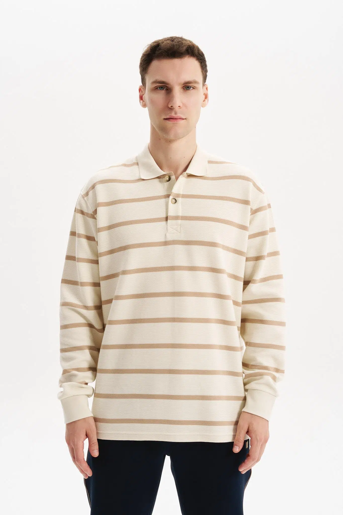 Ar-ma Erkek Polo Yaka Sweatshirt Baskisiz Çizgili Düğmeli Cepsiz Örme Kumaş Regular Fit %100 Pamuk Ringel Otoman K30554952502 - Ekru-E1