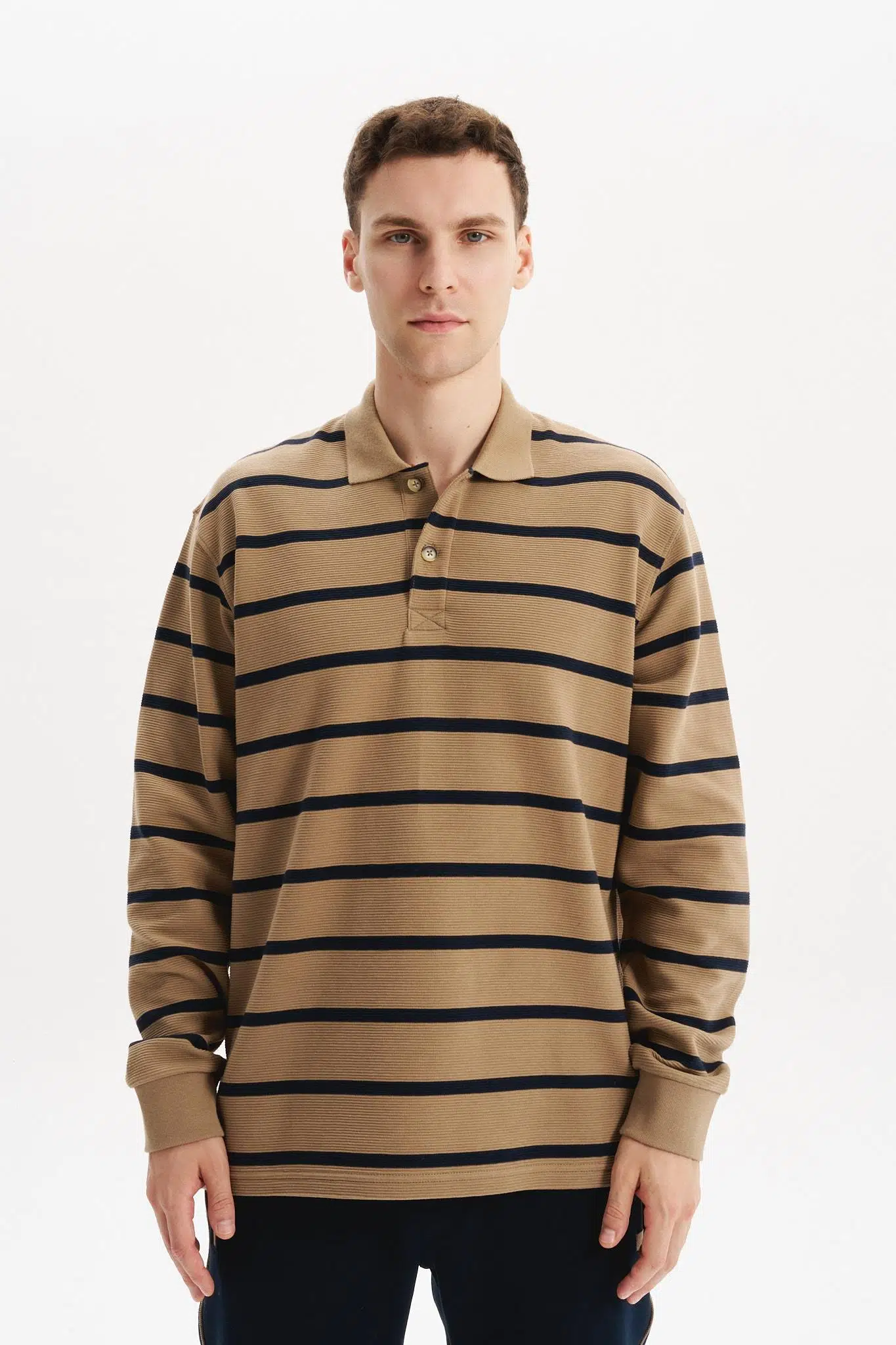 Ar-ma Erkek Polo Yaka Sweatshirt Baskisiz Çizgili Düğmeli Cepsiz Örme Kumaş Regular Fit %100 Pamuk Ringel Otoman K30554952502 - Gri-Bej G8