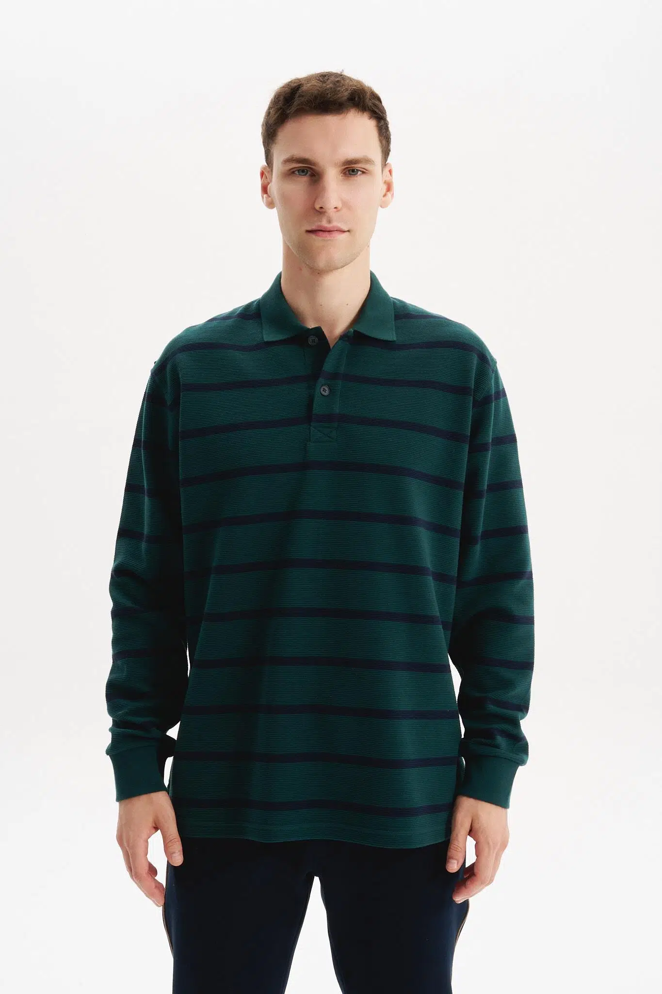 Ar-ma Erkek Polo Yaka Sweatshirt Baskisiz Çizgili Düğmeli Cepsiz Örme Kumaş Regular Fit %100 Pamuk Ringel Otoman K30554952502 - Yeşil-Y10