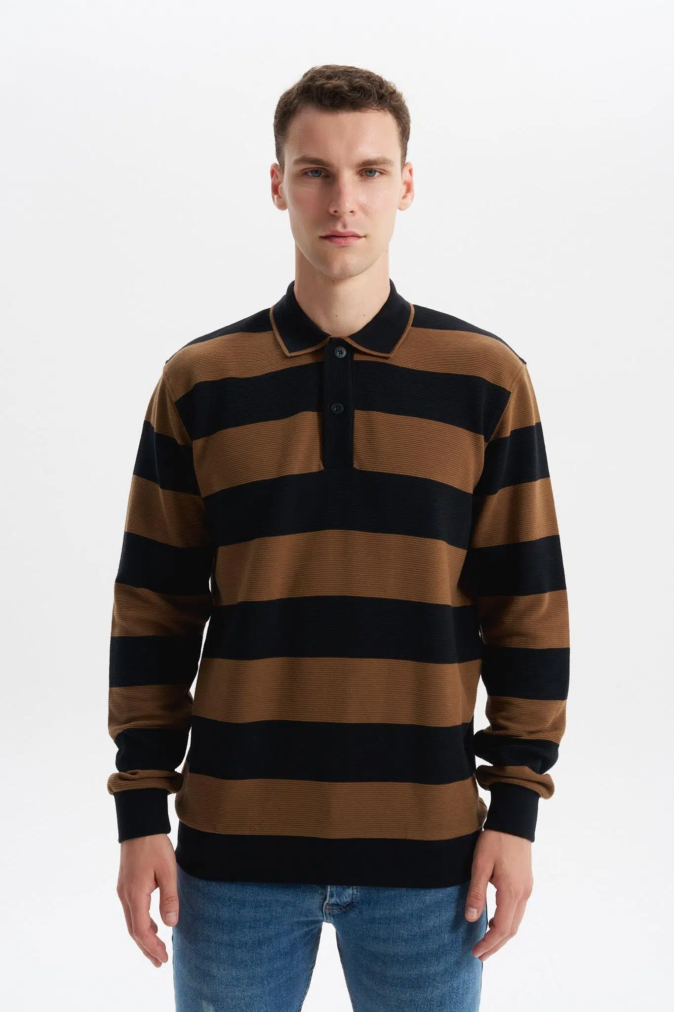 Ar-ma Erkek Polo Yaka Sweatshirt Baskisiz Çizgili Düğmeli Cepsiz Örme Kumaş Regular Fit %100 Pamuk Ringel Otoman K30554952602 - Siyah-S1
