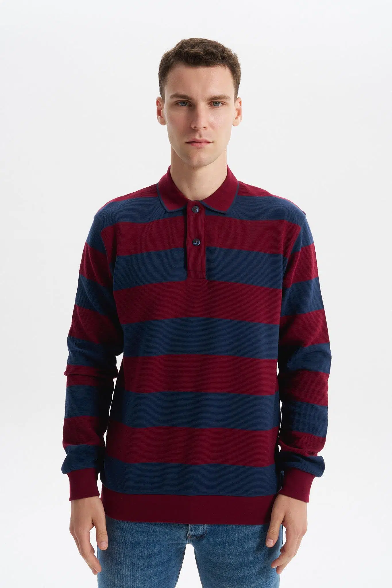 Ar-ma Erkek Polo Yaka Sweatshirt Baskisiz Çizgili Düğmeli Cepsiz Örme Kumaş Regular Fit %100 Pamuk Ringel Otoman K30554952602 - Bordo-B1