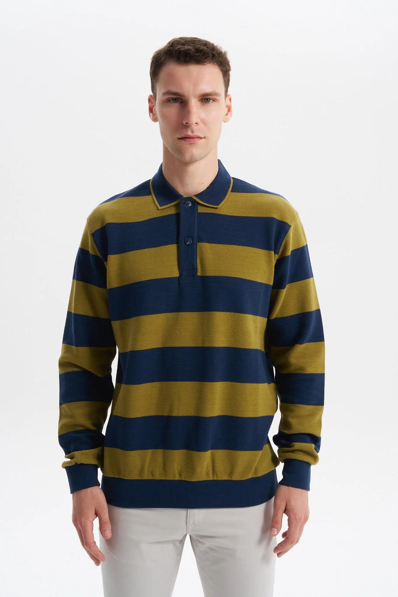 Ar-ma Erkek Polo Yaka Sweatshirt Baskisiz Çizgili Düğmeli Cepsiz Örme Kumaş Regular Fit %100 Pamuk Ringel Otoman K30554952602 - İndigo-İ1