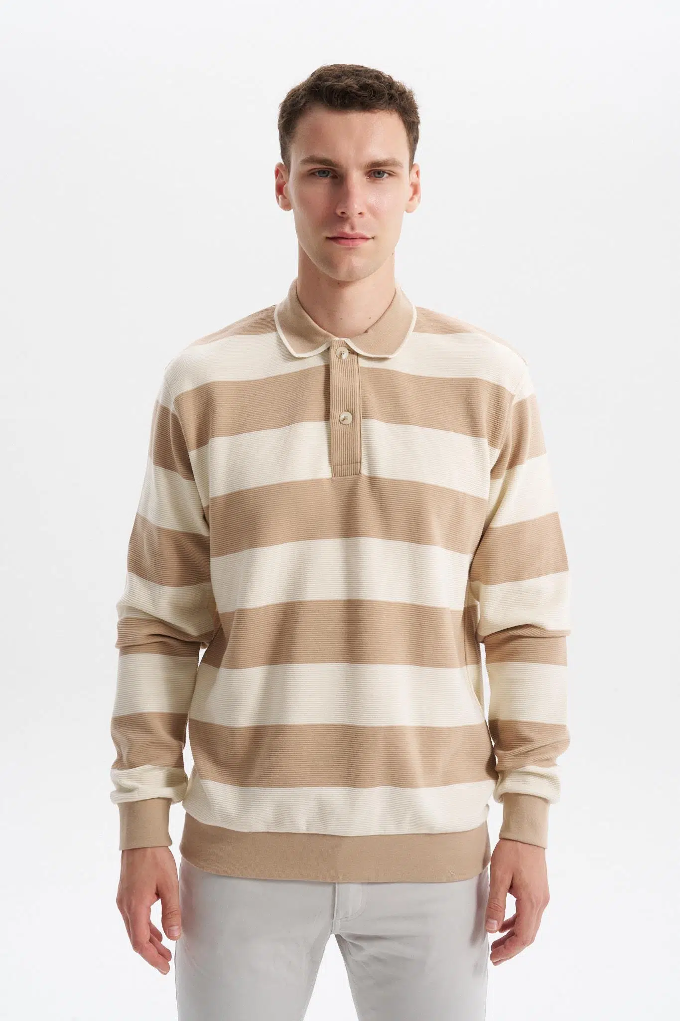 Ar-ma Erkek Polo Yaka Sweatshirt Baskisiz Çizgili Düğmeli Cepsiz Örme Kumaş Regular Fit %100 Pamuk Ringel Otoman K30554952602 - Bej-B1