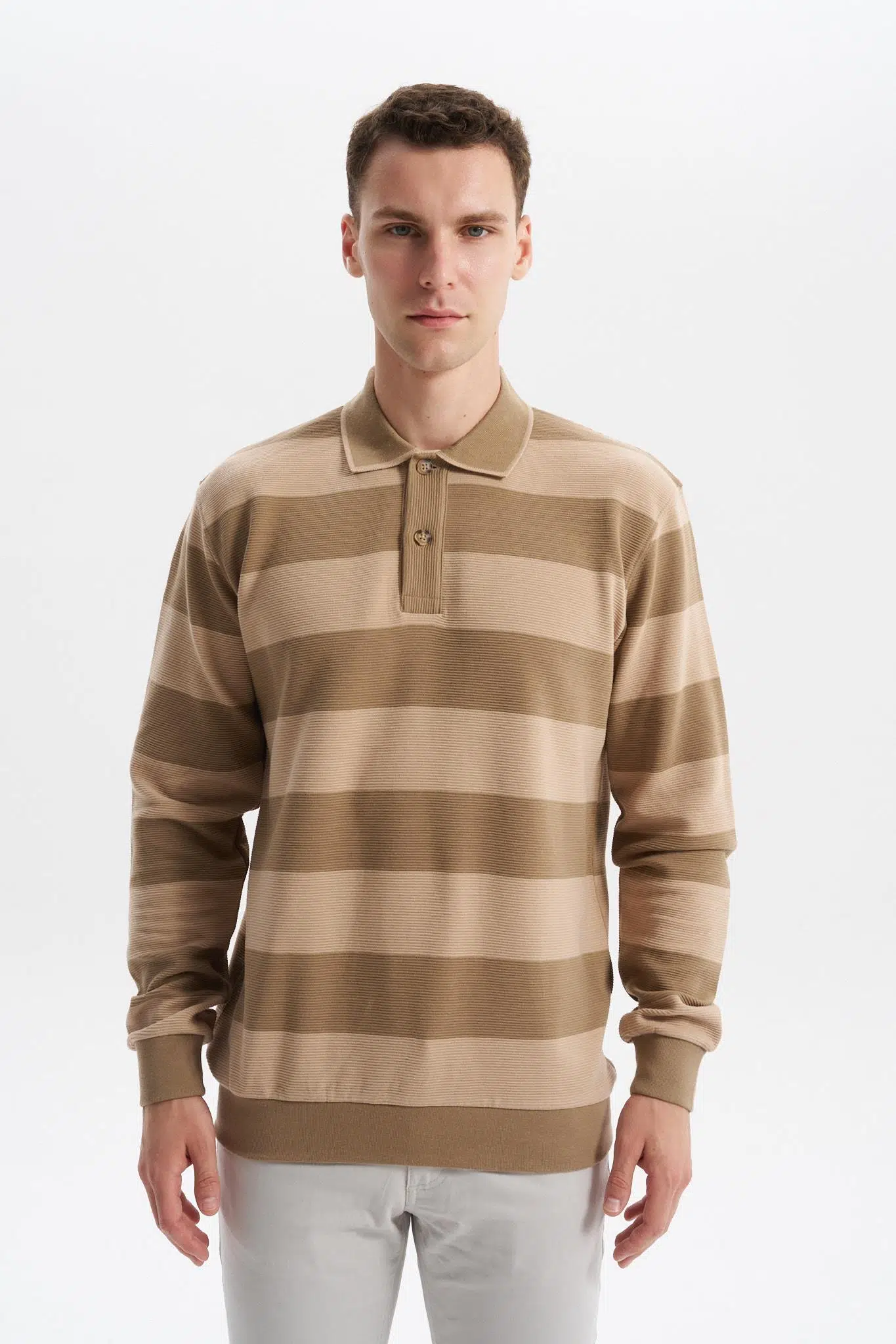 Ar-ma Erkek Polo Yaka Sweatshirt Baskisiz Çizgili Düğmeli Cepsiz Örme Kumaş Regular Fit %100 Pamuk Ringel Otoman K30554952602 - Gri-Bej G8