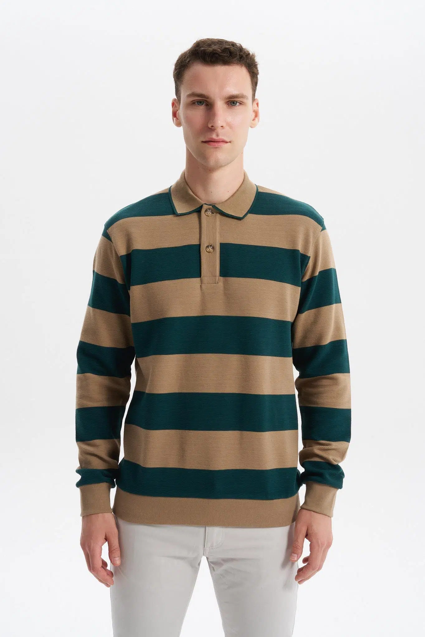 Ar-ma Erkek Polo Yaka Sweatshirt Baskisiz Çizgili Düğmeli Cepsiz Örme Kumaş Regular Fit %100 Pamuk Ringel Otoman K30554952602 - Yeşil-Y10