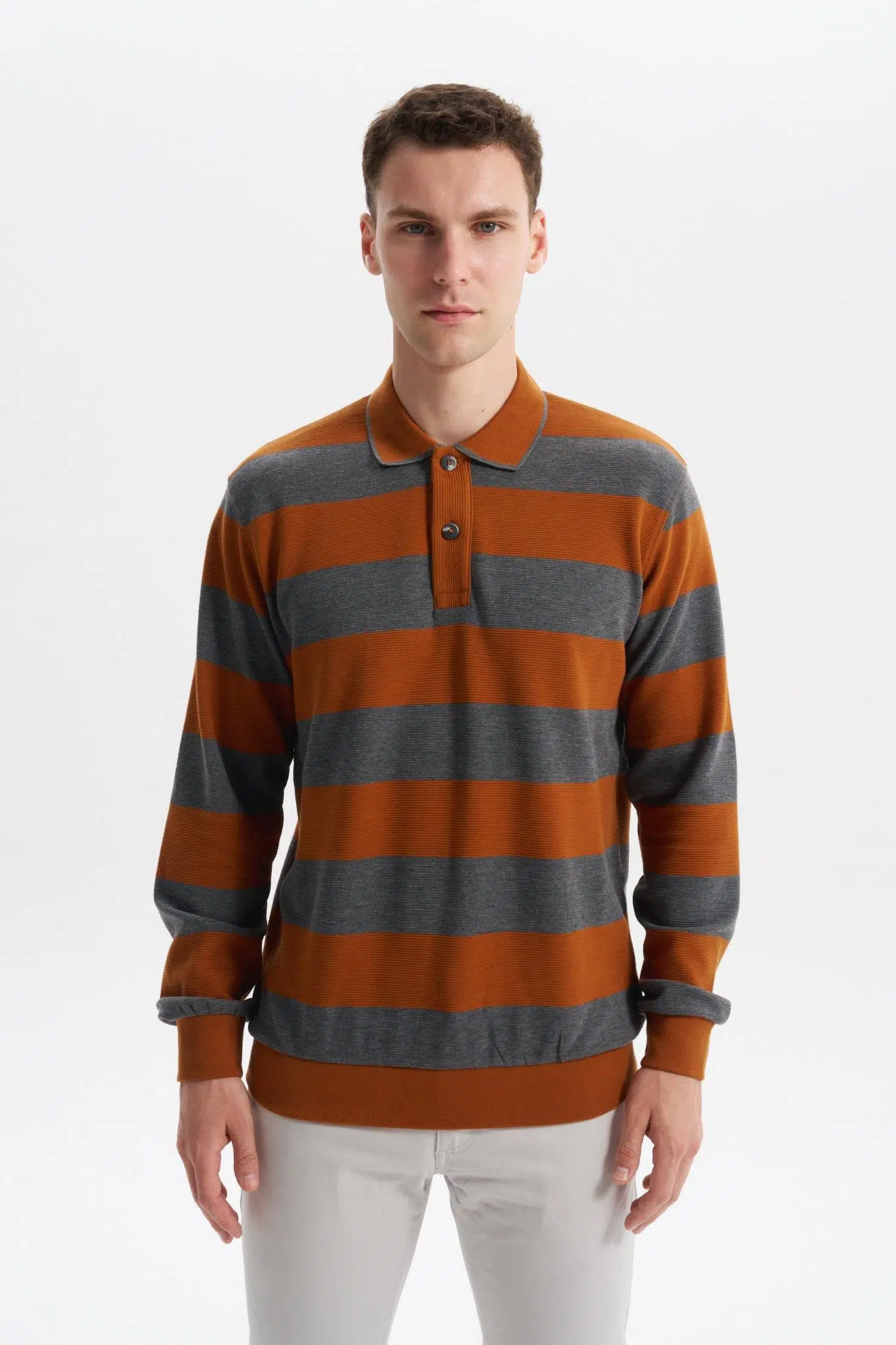 Ar-ma Erkek Polo Yaka Sweatshirt Baskisiz Çizgili Düğmeli Cepsiz Örme Kumaş Regular Fit %100 Pamuk Ringel Otoman K30554952602 - Kahverengi-K3