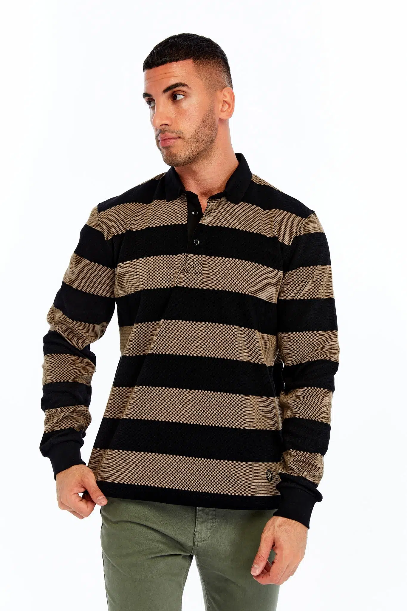 Ar-ma Erkek Polo Yaka Sweatshirt Baskisiz Çizgili Düğmeli Cepsiz Örme Kumaş Regular Fit %95 Pamuk %5 Elastan Ringel Pike K30554952902 - Siyah-S1