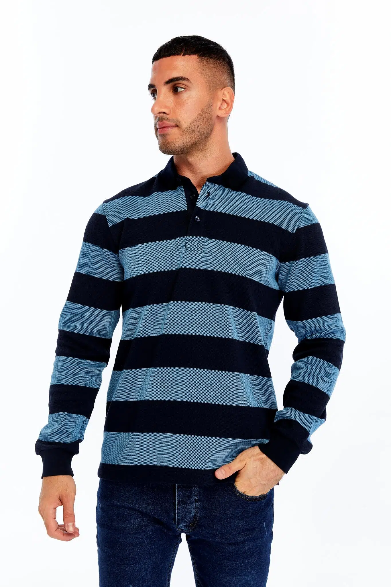 Ar-ma Erkek Polo Yaka Sweatshirt Baskisiz Çizgili Düğmeli Cepsiz Örme Kumaş Regular Fit %95 Pamuk %5 Elastan Ringel Pike K30554952902 - Lacivert-L1