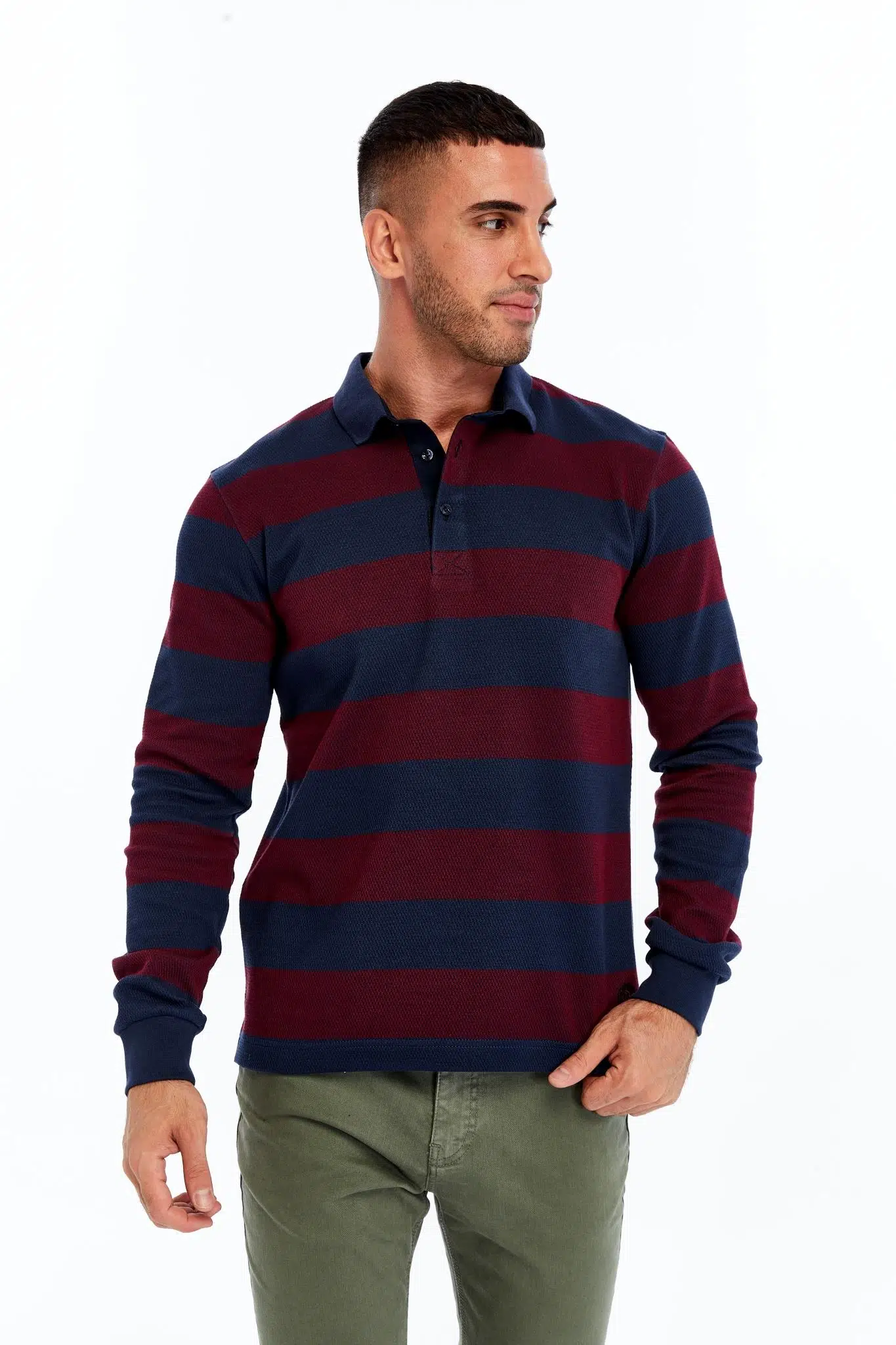 Ar-ma Erkek Polo Yaka Sweatshirt Baskisiz Çizgili Düğmeli Cepsiz Örme Kumaş Regular Fit %95 Pamuk %5 Elastan Ringel Pike K30554952902 - İndigo-İ1