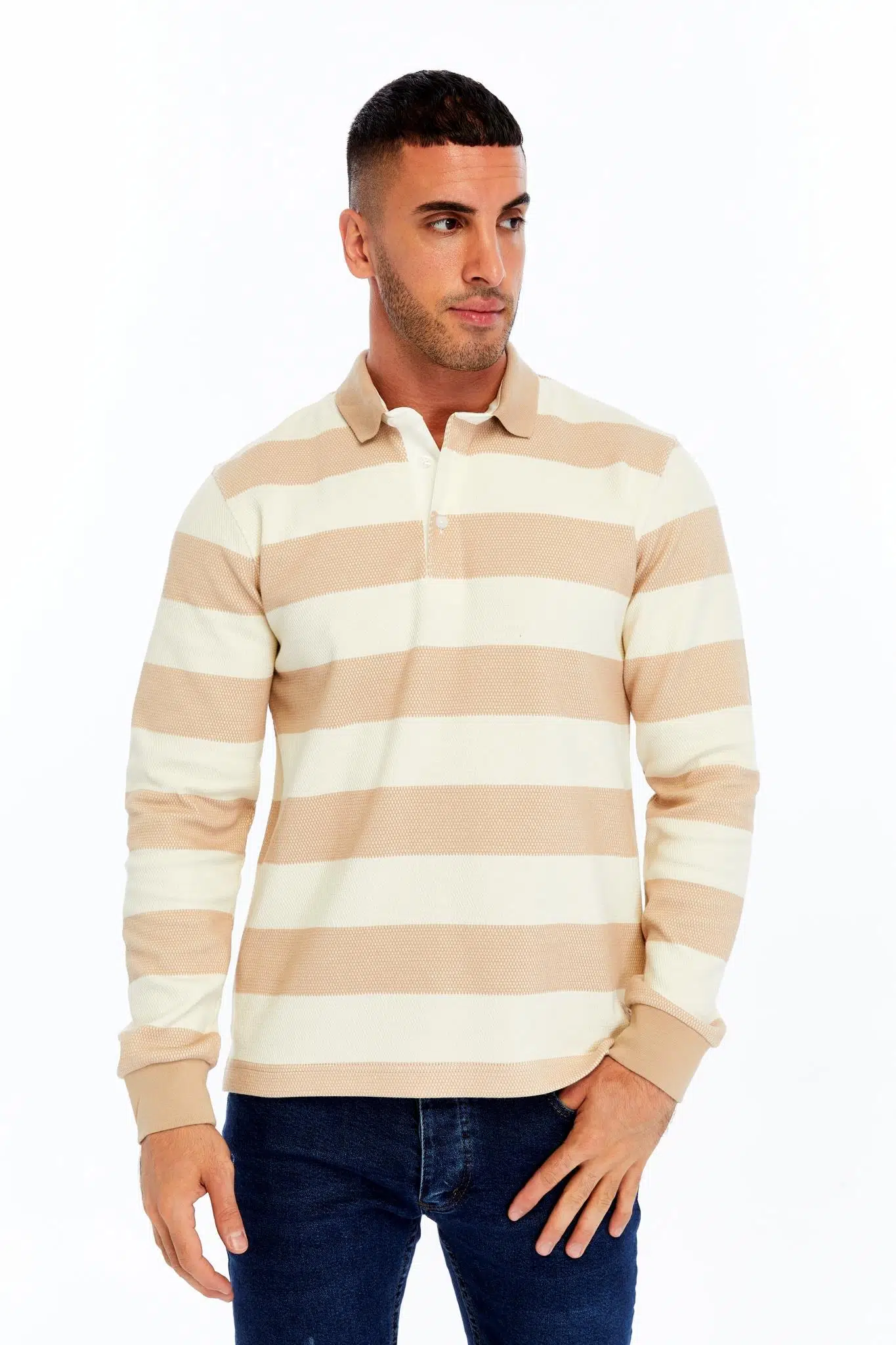 Ar-ma Erkek Polo Yaka Sweatshirt Baskisiz Çizgili Düğmeli Cepsiz Örme Kumaş Regular Fit %95 Pamuk %5 Elastan Ringel Pike K30554952902 - Ekru-E1