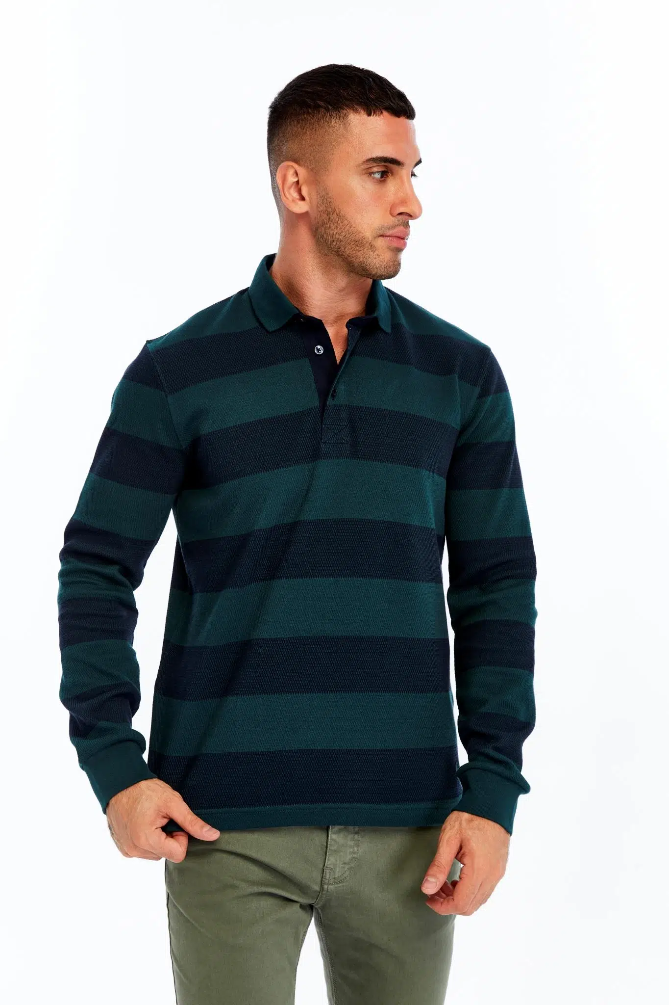 Ar-ma Erkek Polo Yaka Sweatshirt Baskisiz Çizgili Düğmeli Cepsiz Örme Kumaş Regular Fit %95 Pamuk %5 Elastan Ringel Pike K30554952902 - Yeşil-Y10