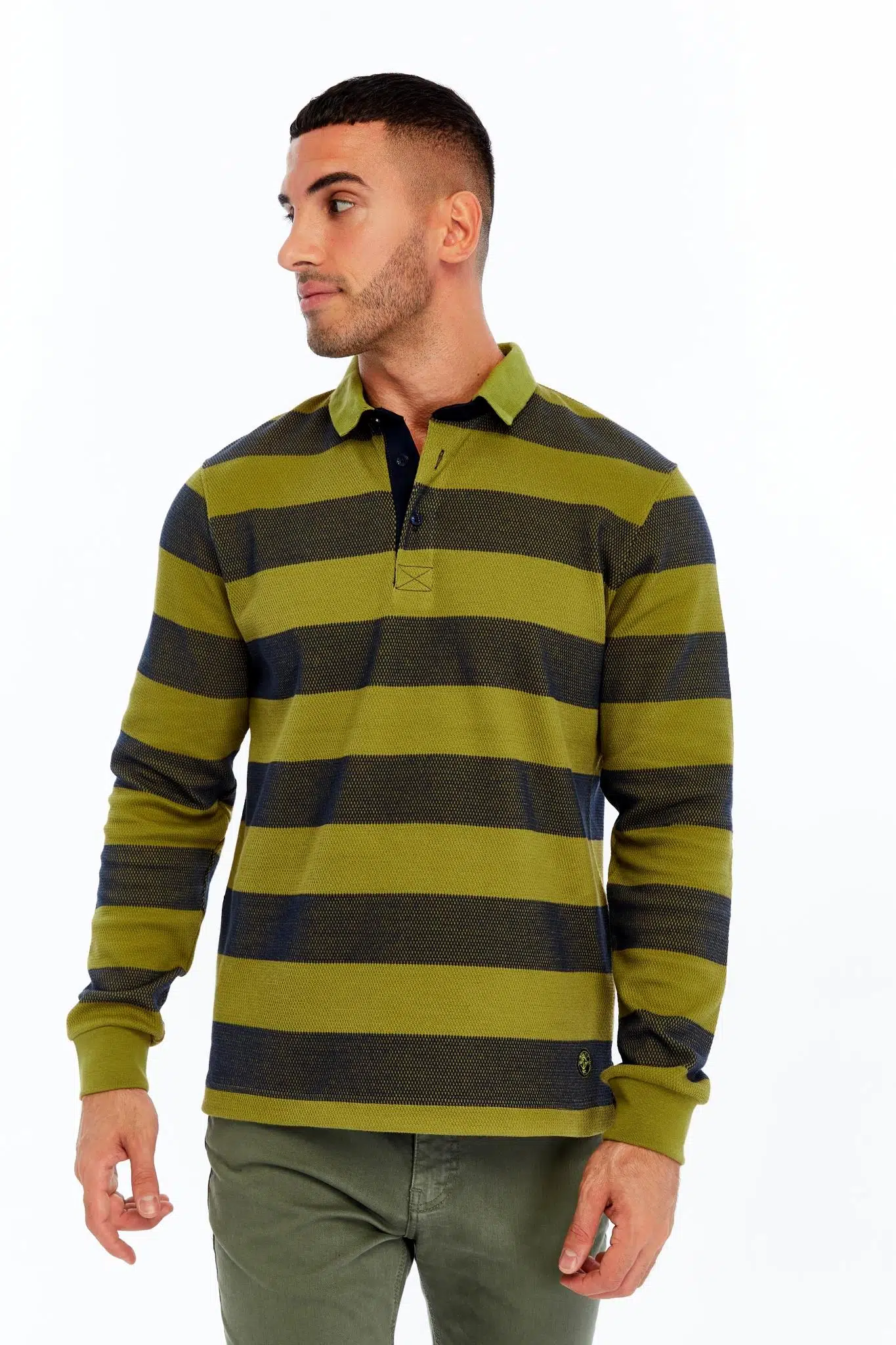 Ar-ma Erkek Polo Yaka Sweatshirt Baskisiz Çizgili Düğmeli Cepsiz Örme Kumaş Regular Fit %95 Pamuk %5 Elastan Ringel Pike K30554952902 - Haki-H5