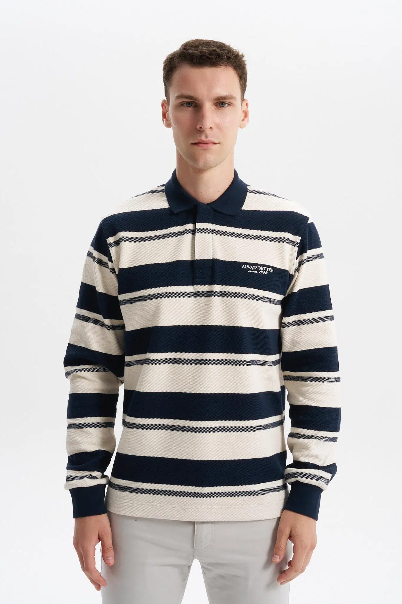 Ar-ma Erkek Polo Yaka Sweatshirt Baskisiz Çizgili Düğmeli Cepsiz Örme Kumaş Regular Fit %95 Pamuk %5 Elastan Ringel Pike K30554953002 - Lacivert-L1