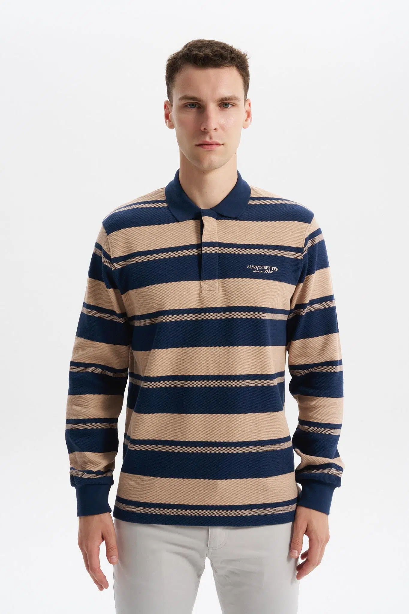 Ar-ma Erkek Polo Yaka Sweatshirt Baskisiz Çizgili Düğmeli Cepsiz Örme Kumaş Regular Fit %95 Pamuk %5 Elastan Ringel Pike K30554953002 - İndigo-İ1