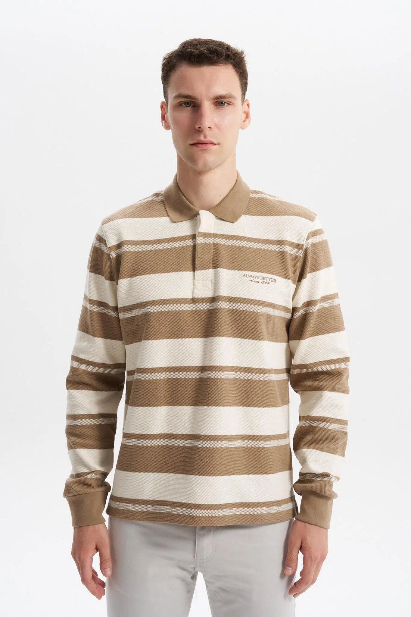 Ar-ma Erkek Polo Yaka Sweatshirt Baskisiz Çizgili Düğmeli Cepsiz Örme Kumaş Regular Fit %95 Pamuk %5 Elastan Ringel Pike K30554953002 - Gri-Bej G8