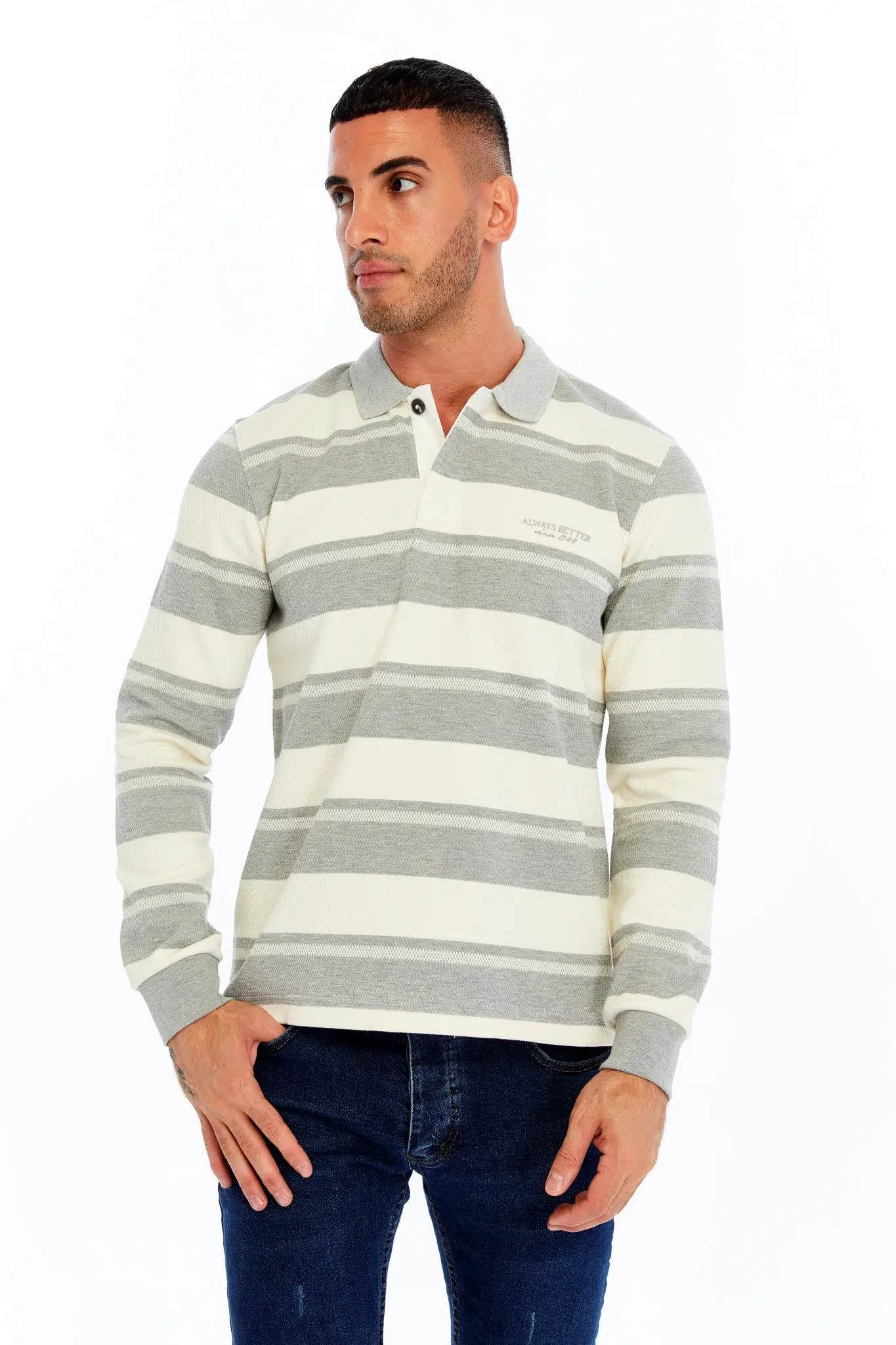 Ar-ma Erkek Polo Yaka Sweatshirt Baskisiz Çizgili Düğmeli Cepsiz Örme Kumaş Regular Fit %95 Pamuk %5 Elastan Ringel Pike K30554953002 - Gri-G10