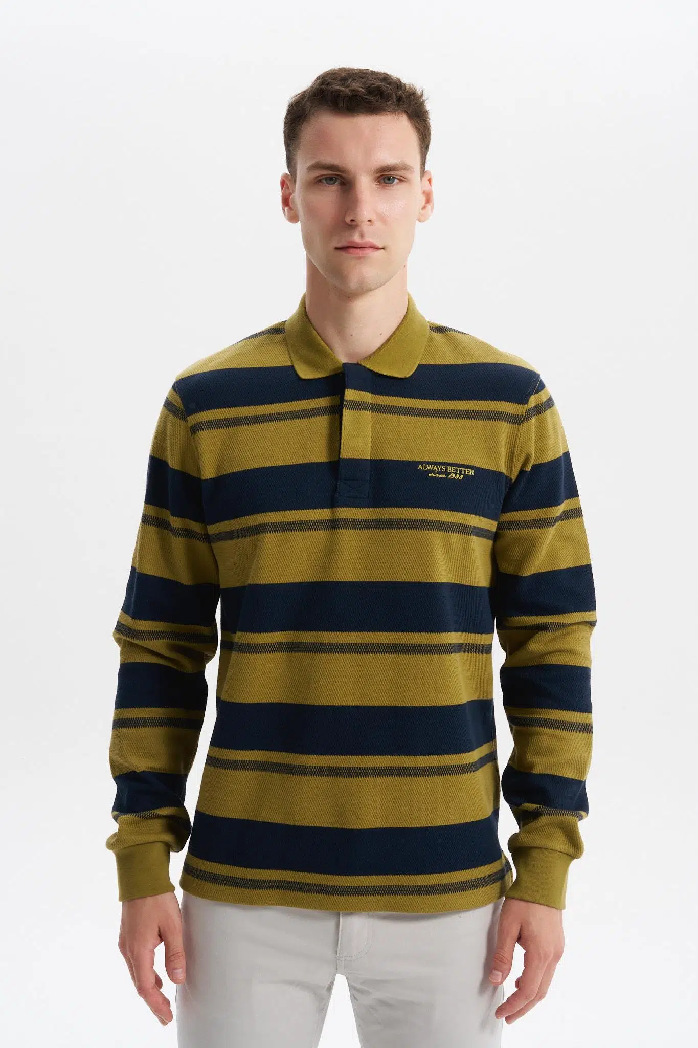 Ar-ma Erkek Polo Yaka Sweatshirt Baskisiz Çizgili Düğmeli Cepsiz Örme Kumaş Regular Fit %95 Pamuk %5 Elastan Ringel Pike K30554953002 - Haki-H5