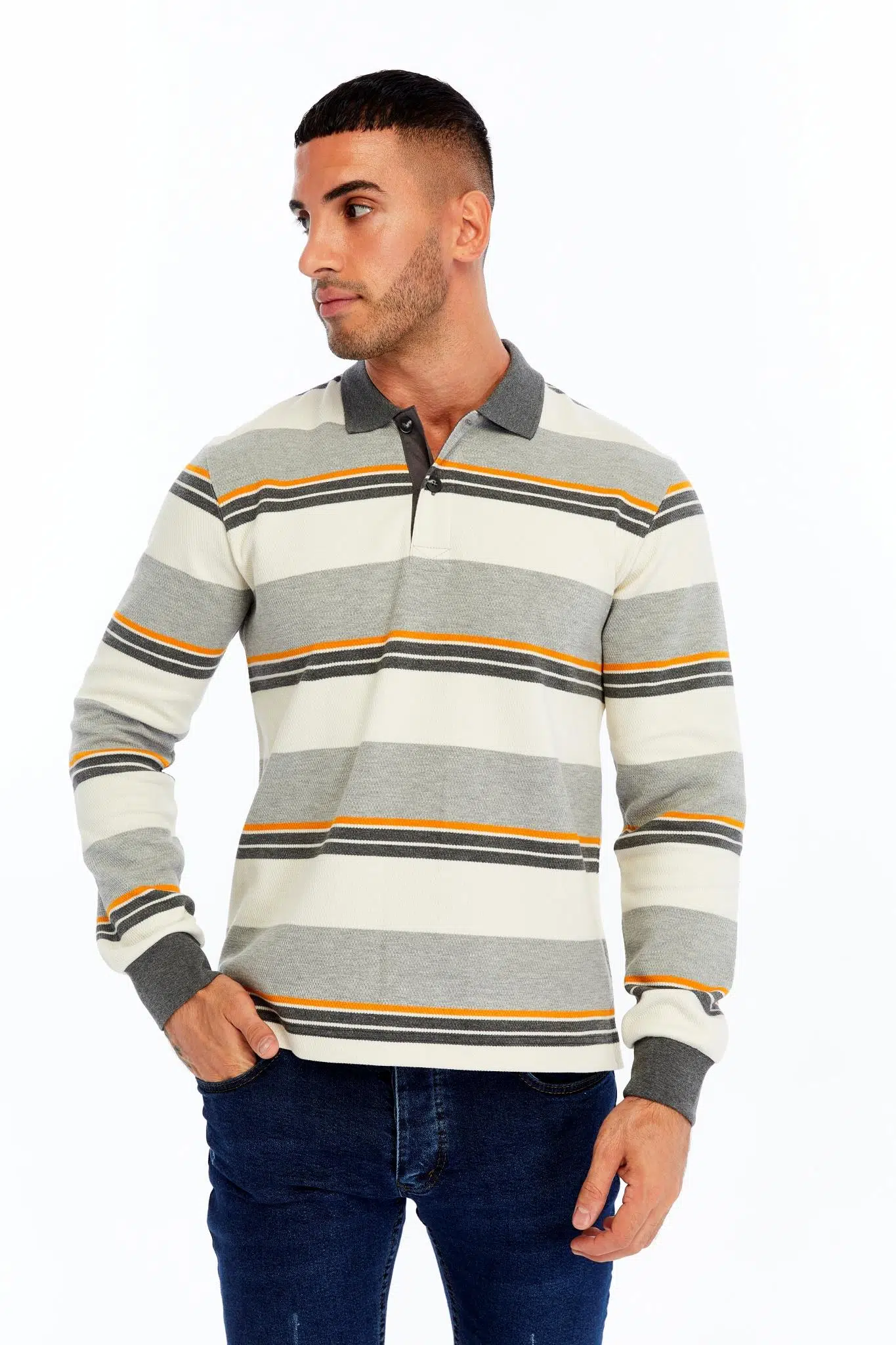 Ar-ma Erkek Polo Yaka Sweatshirt Baskisiz Çizgili Düğmeli Cepsiz Örme Kumaş Regular Fit %95 Pamuk %5 Elastan Ringel Pike K30554953102 - Ekru-E1