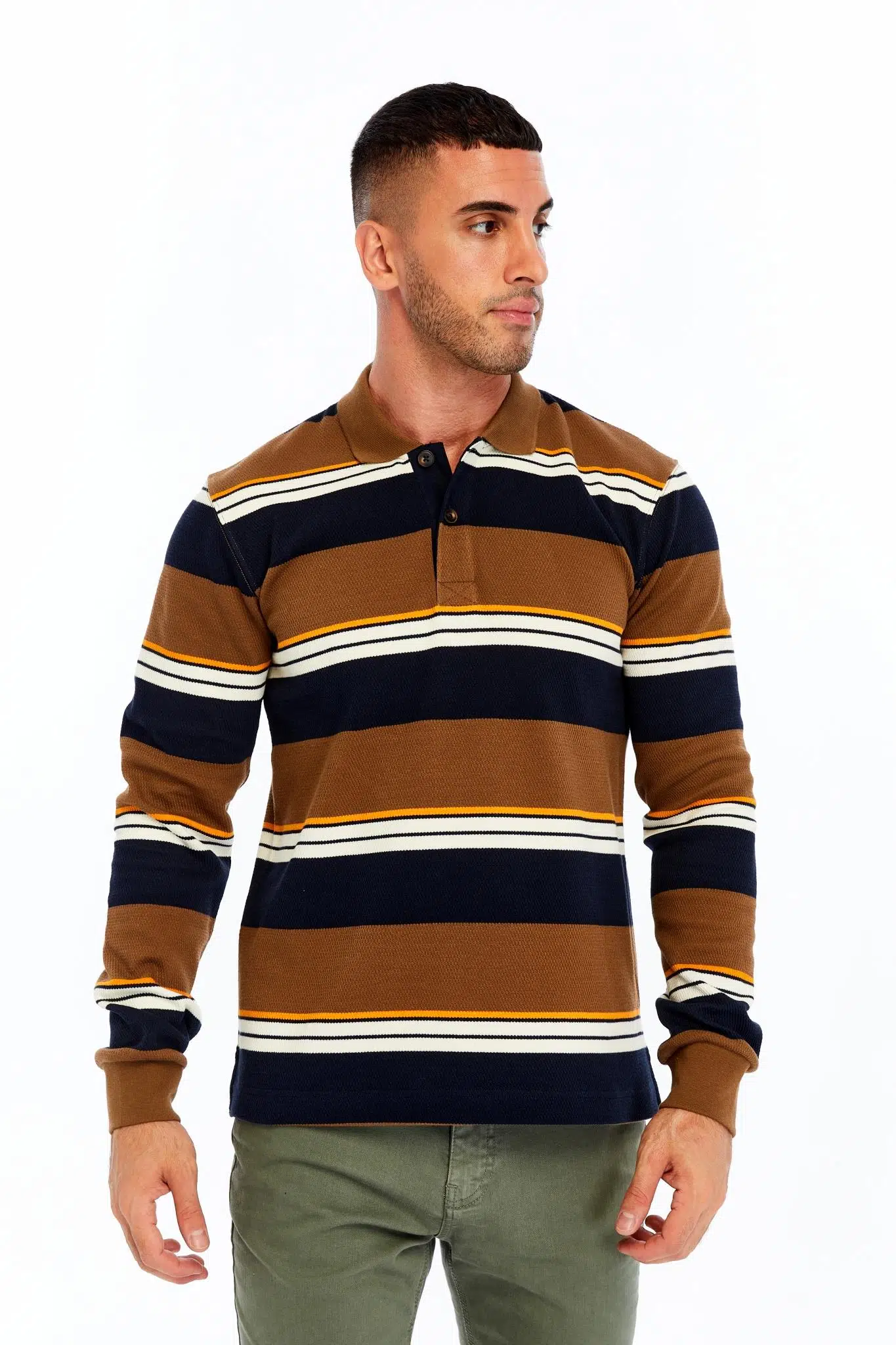 Ar-ma Erkek Polo Yaka Sweatshirt Baskisiz Çizgili Düğmeli Cepsiz Örme Kumaş Regular Fit %95 Pamuk %5 Elastan Ringel Pike K30554953102 - Kahverengi-K7