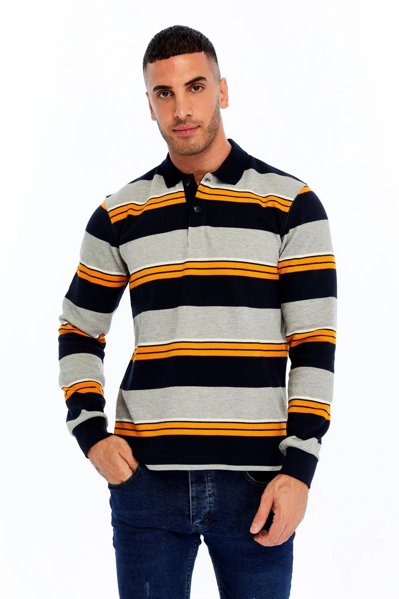 Ar-ma Erkek Polo Yaka Sweatshirt Baskisiz Çizgili Düğmeli Cepsiz Örme Kumaş Regular Fit %95 Pamuk %5 Elastan Ringel Pike K30554953102 - Gri-G10