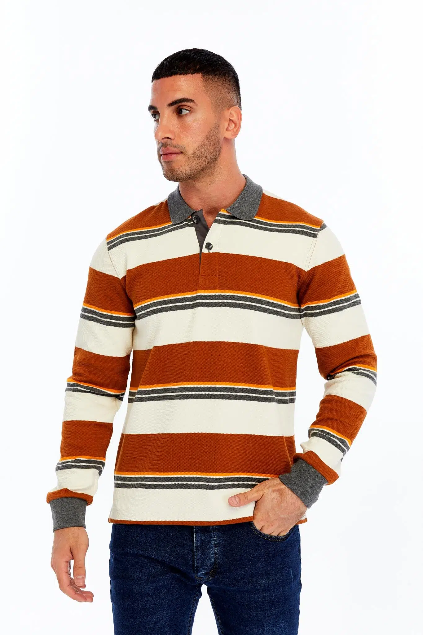Ar-ma Erkek Polo Yaka Sweatshirt Baskisiz Çizgili Düğmeli Cepsiz Örme Kumaş Regular Fit %95 Pamuk %5 Elastan Ringel Pike K30554953102 - Kahverengi-K3