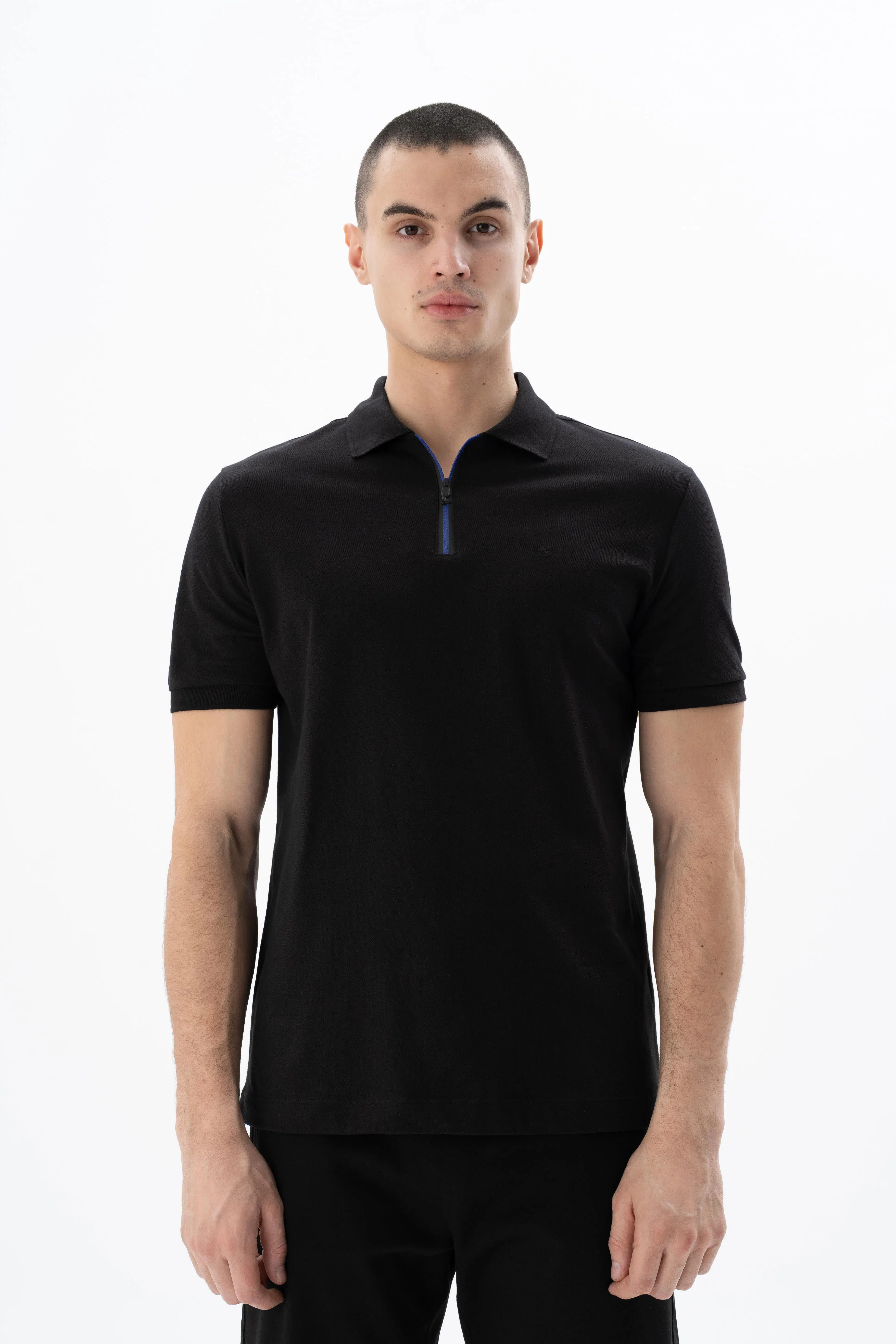 Ar-ma Erkek Polo Yaka Tişört Baskisiz Basic Yaka Fermuarli Regular Fit Tek Toplama Licrali Pike Y25374305101 - Siyah-S1